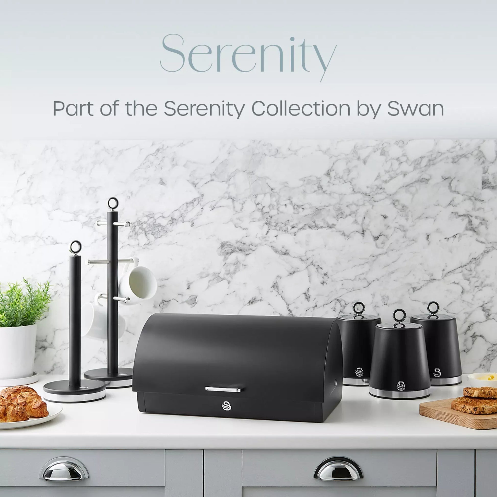 Swan Swan Serenity Kettle, 4 Slice Toaster, Bread Bin & Canisters Kitchen Set (Black)