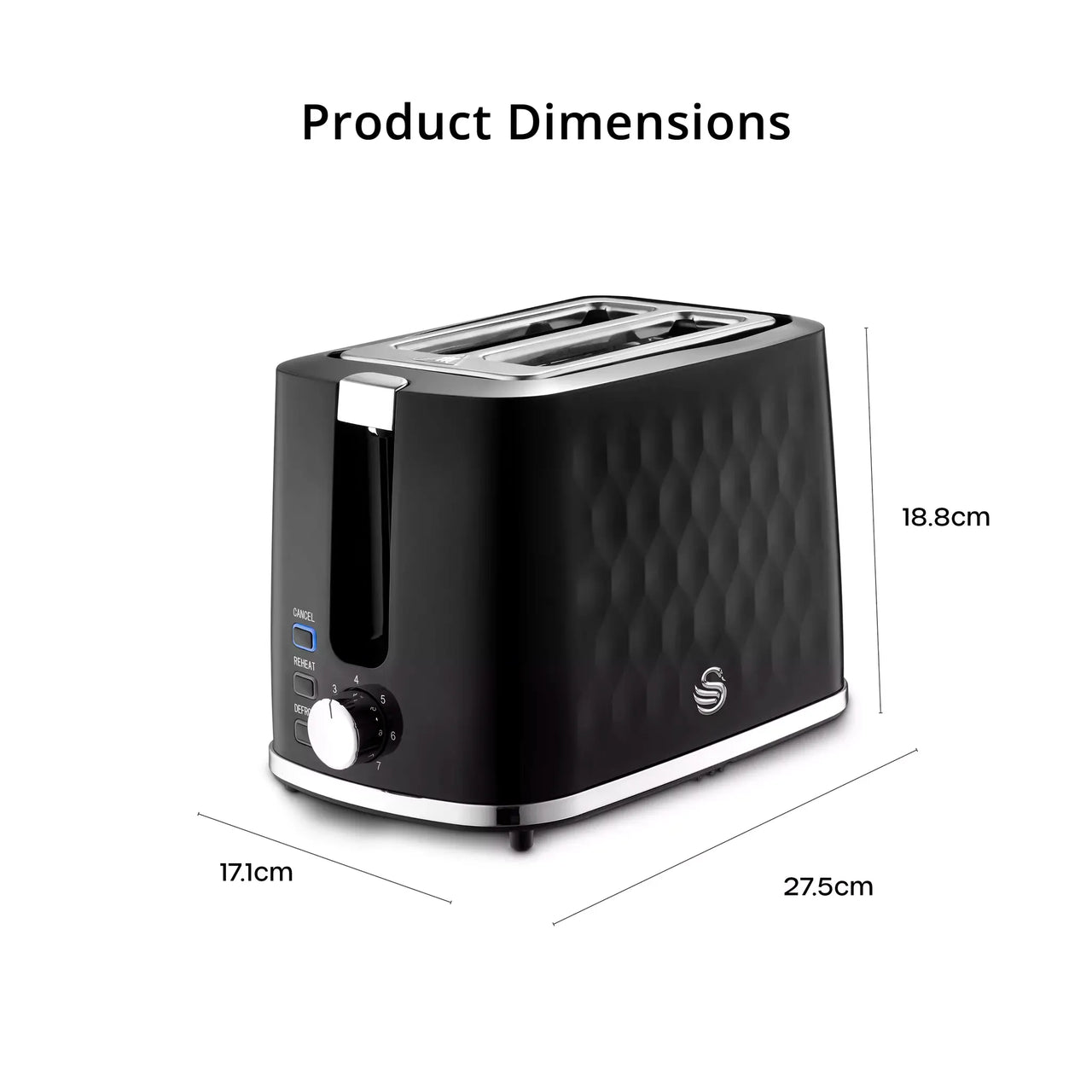 Black 2-slice toaster with bread slots, control knob, and textured front