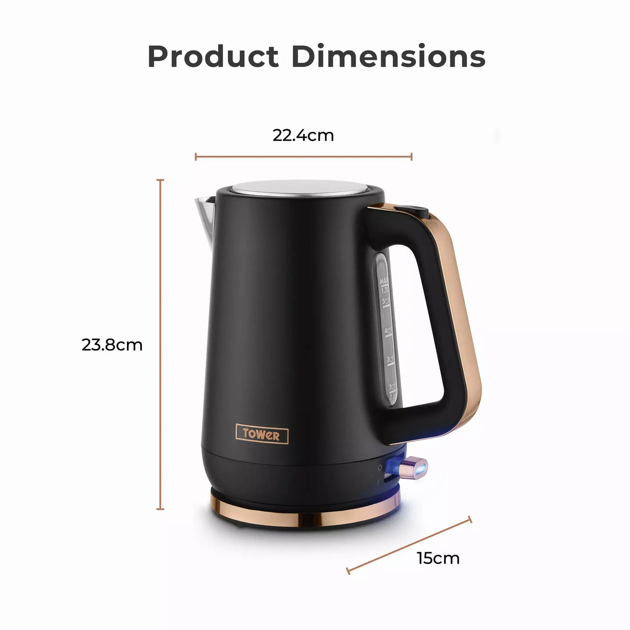 Black electric jug kettle with rose-gold handle accents and compact 15cm base