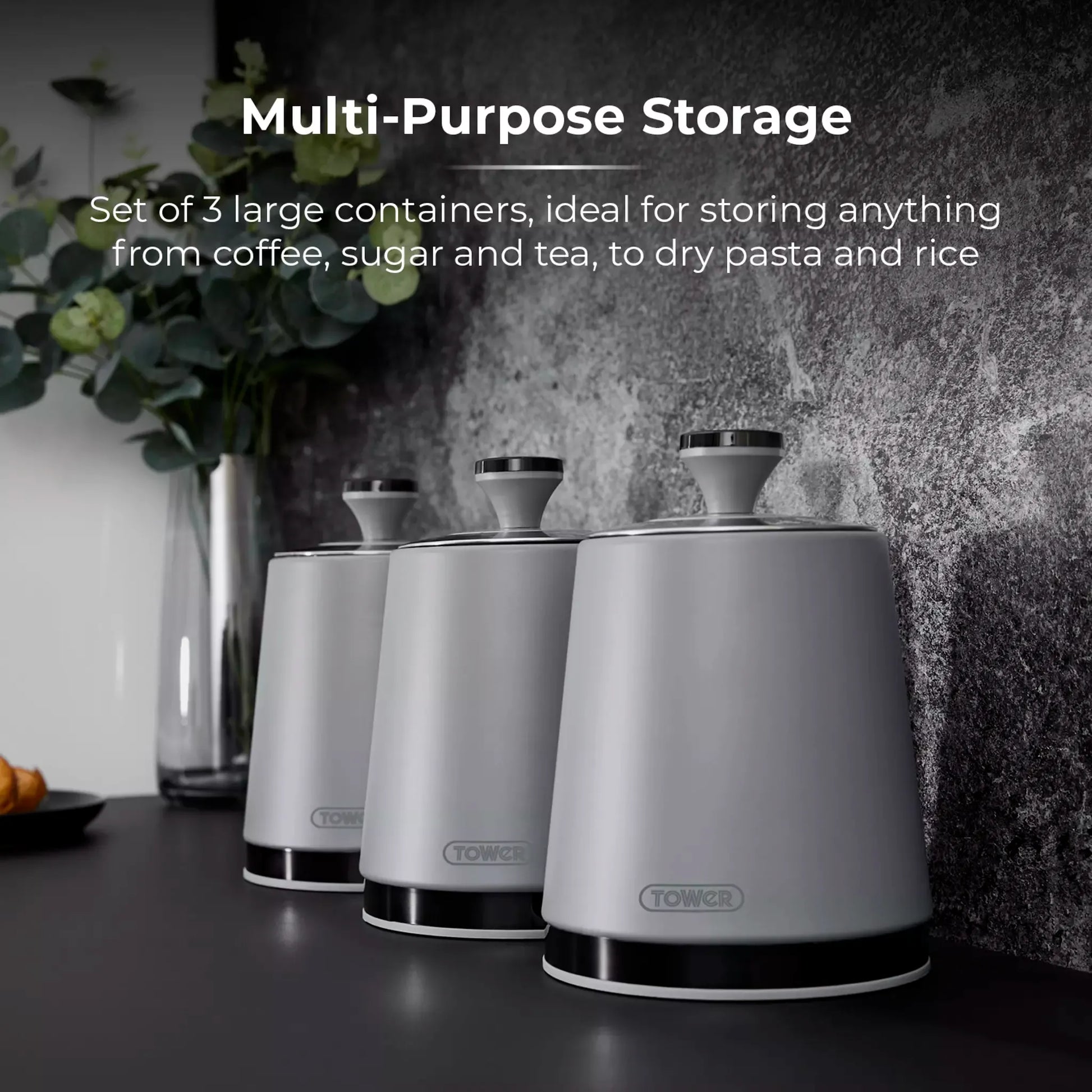 Tower Tower Sera Grey Kettle, 4 Slice Toaster, Bread Bin & Canisters Kitchen Set (Grey)