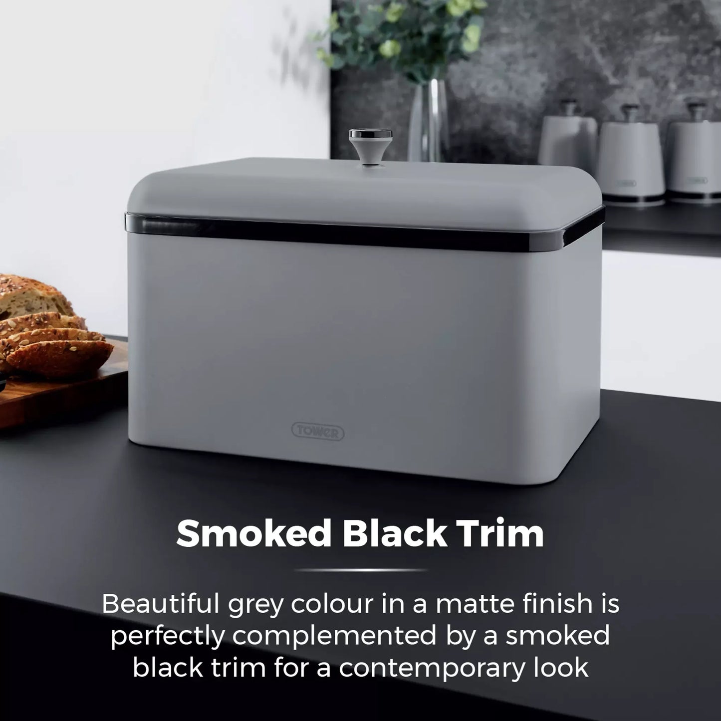 Tower Tower Sera Grey Kettle, 4 Slice Toaster, Bread Bin & Canisters Kitchen Set (Grey)