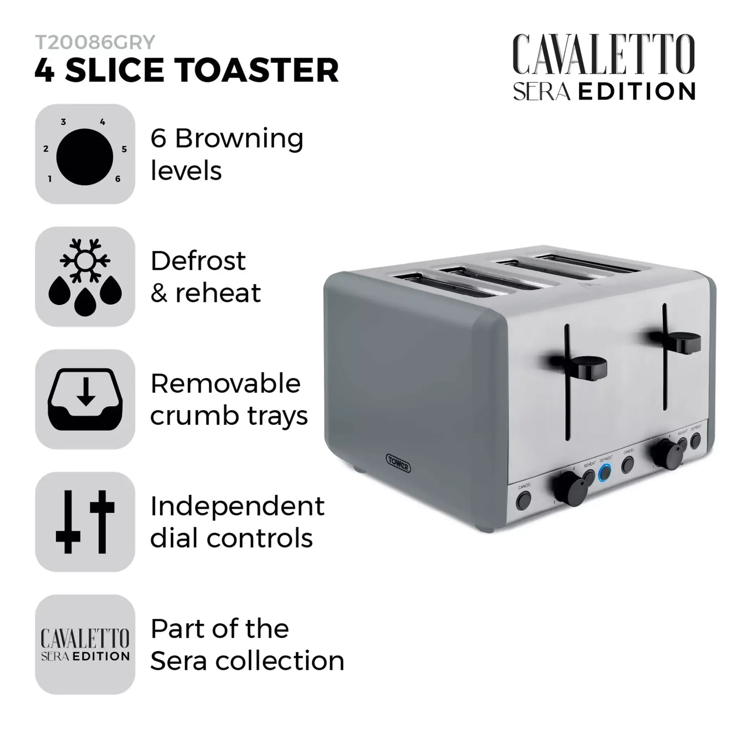 Tower Tower Sera Grey Kettle, 4 Slice Toaster, Bread Bin & Canisters Kitchen Set (Grey)