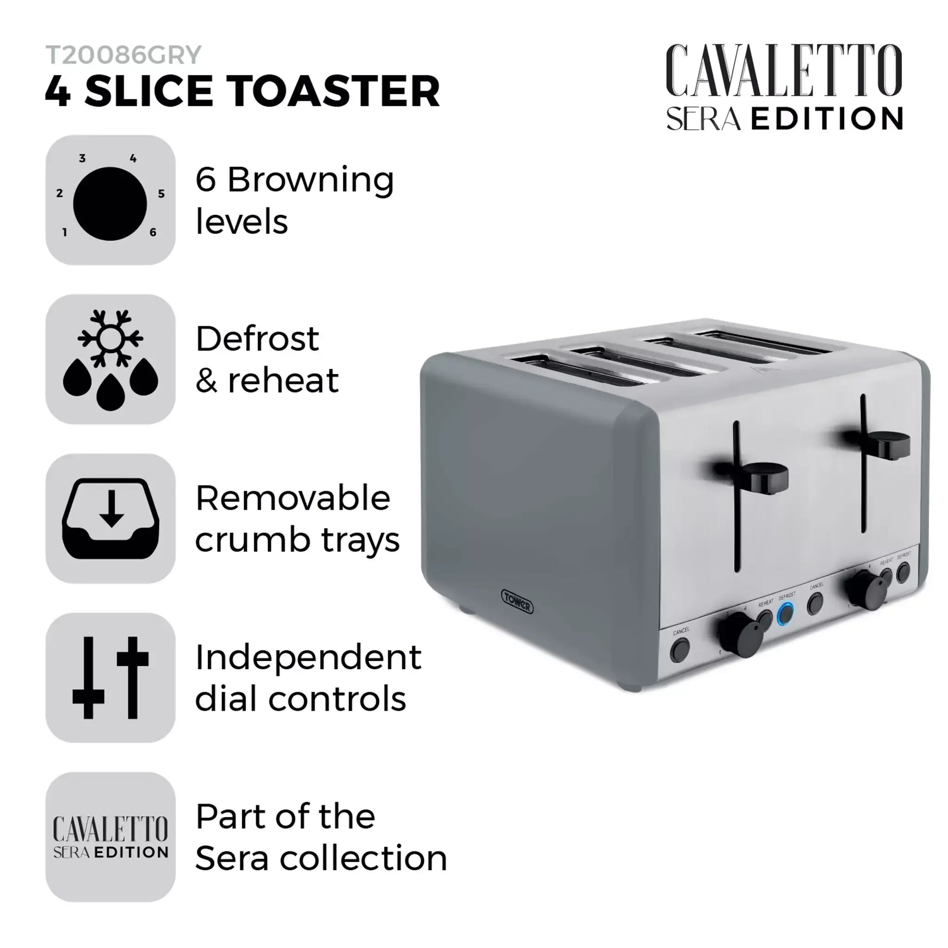 Tower Tower Sera Grey Kettle, 4 Slice Toaster, Bread Bin & Canisters Kitchen Set (Grey)