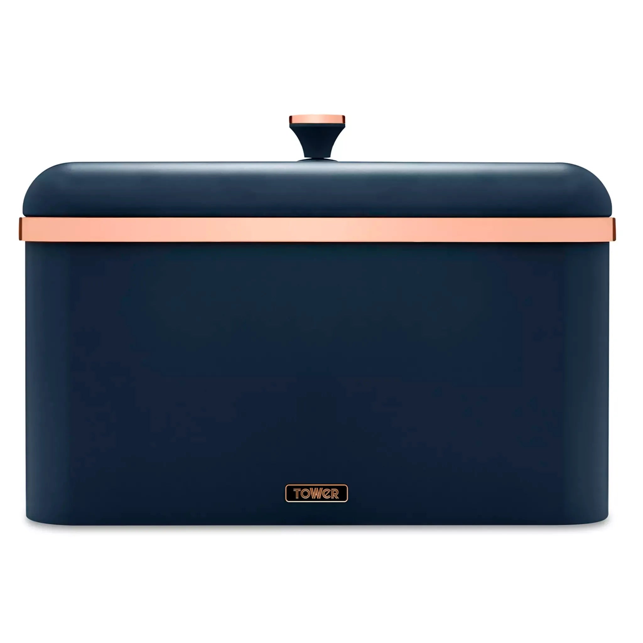 Midnight blue bread bin with liftable lid and rose-gold accents
