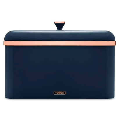 Midnight blue bread bin with liftable lid and rose-gold accents