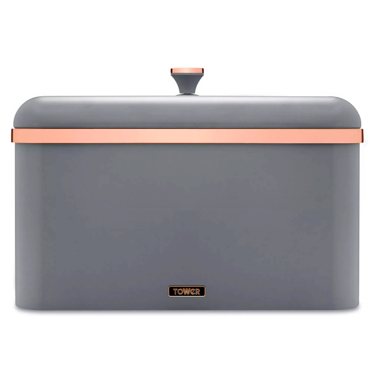 Grey bread bin with rose-gold rim and lift-top handle