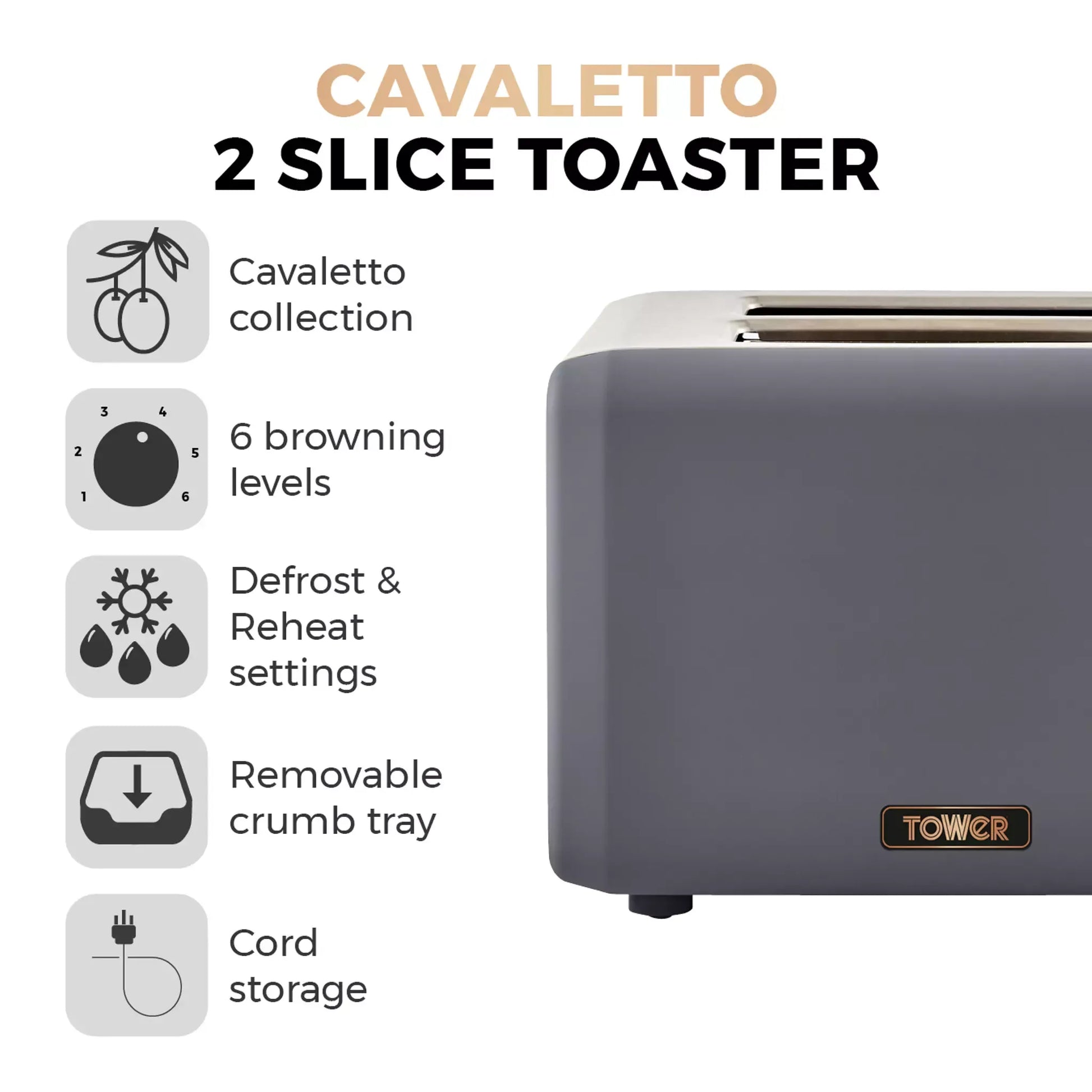 Grey 2-slice toaster in side view with brushed metal top and TOWER badge