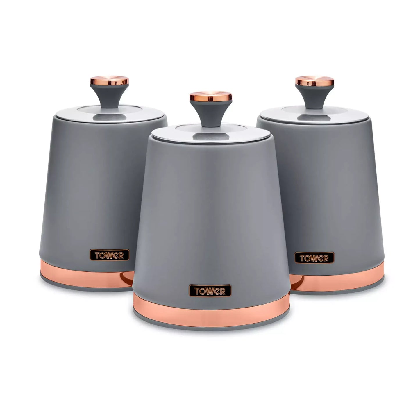 Set of three grey storage canisters with rose-gold tops and bases