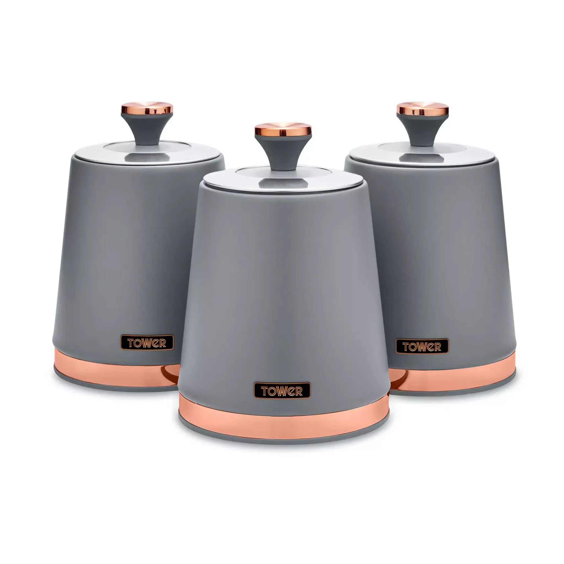 Set of three grey storage canisters with rose-gold tops and bases
