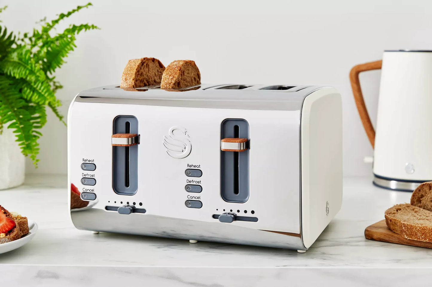 Swan Swan Nordic Kettle, 4 Slice Toaster, Bread Bin & Canisters Kitchen Set (Cotton White)