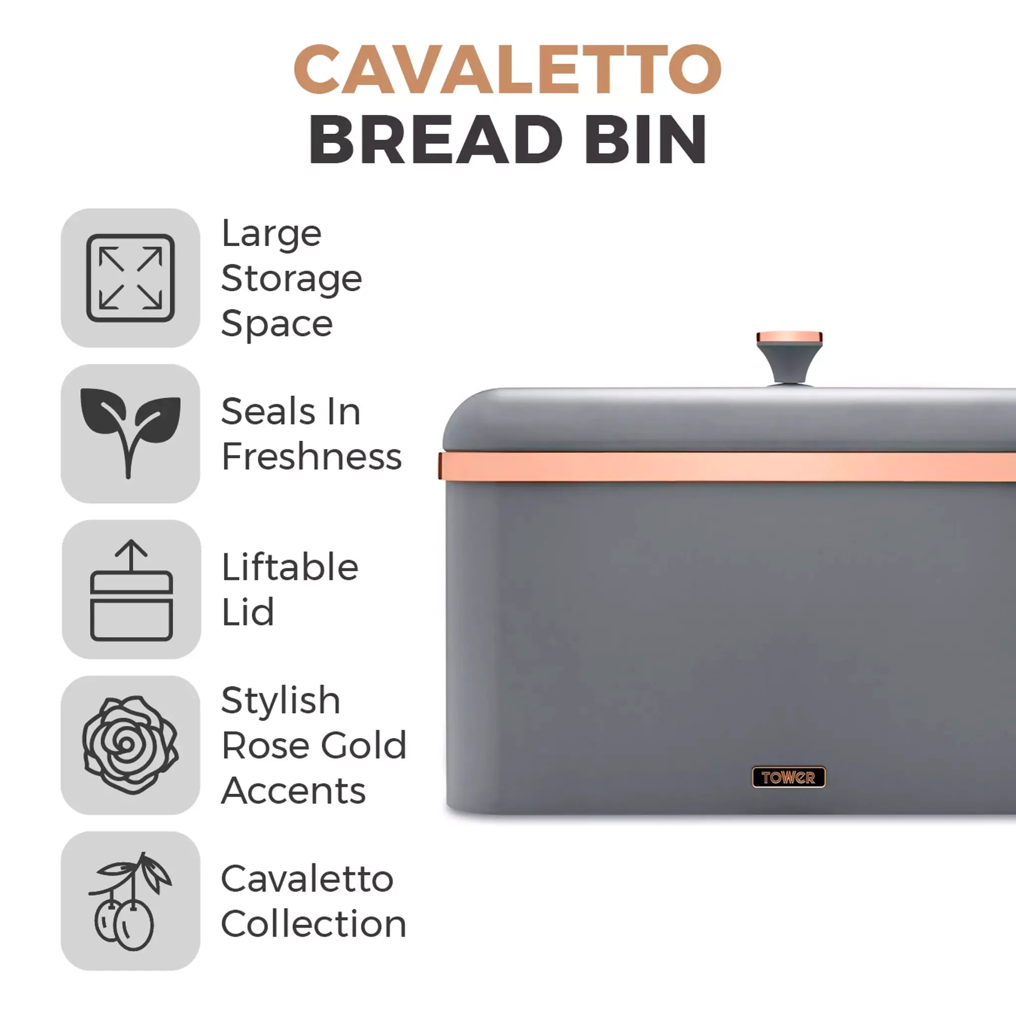 Grey bread bin with lift-top lid and rose-gold accents