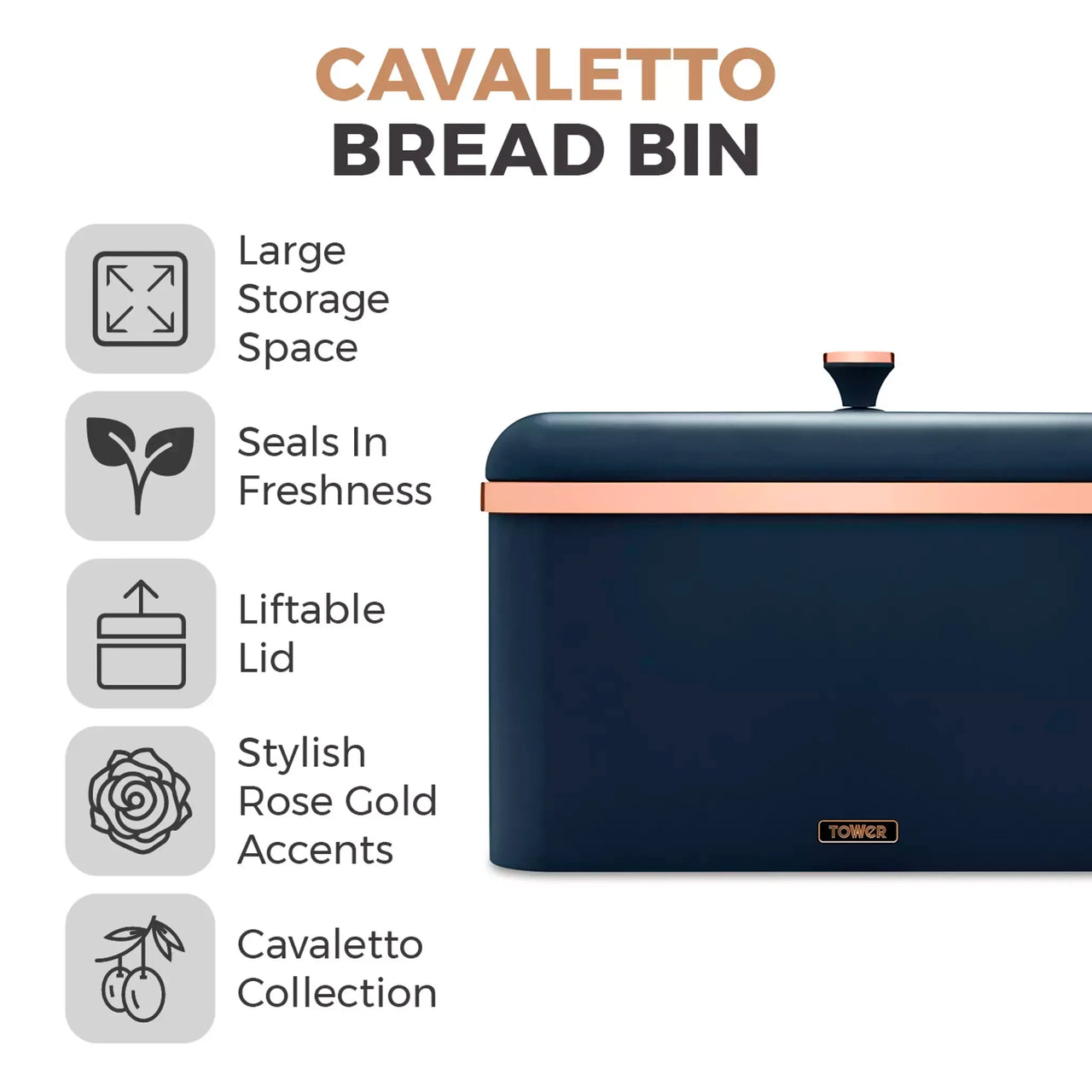 Midnight blue Cavaletto bread bin with rose-gold accents and liftable lid