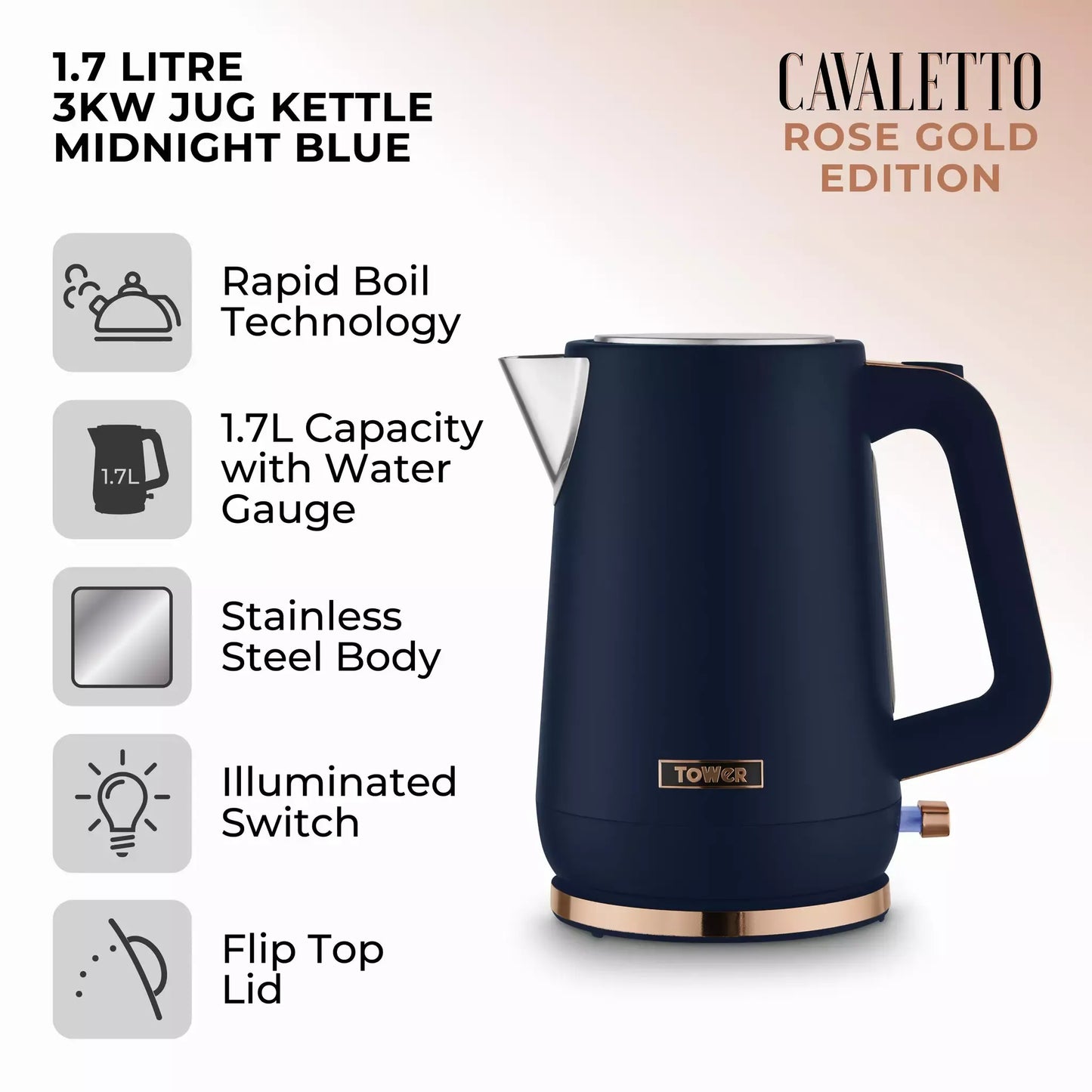 Tower Tower Cavaletto Jug Kettle & 4 Slice Toaster Kitchen Set (Midnight Blue)