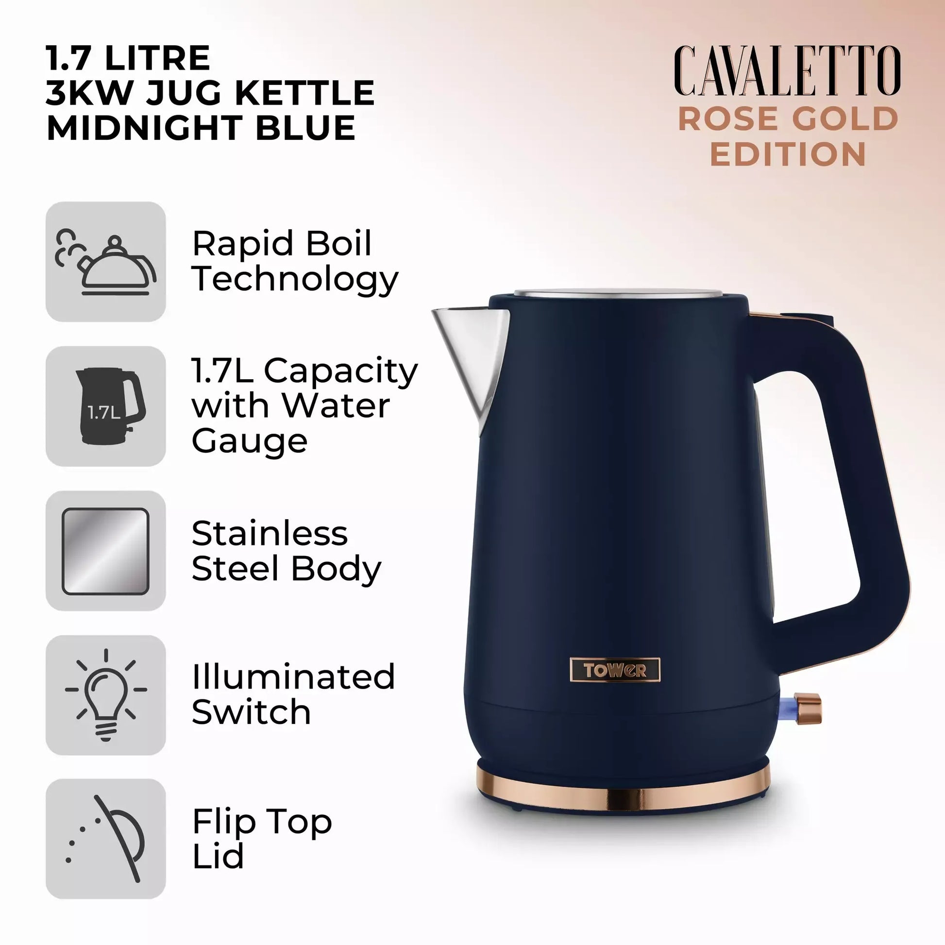 Tower Tower Cavaletto Jug Kettle & 4 Slice Toaster Kitchen Set (Midnight Blue)