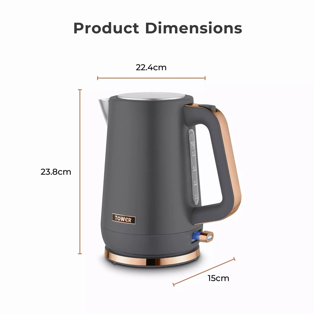 Grey electric jug kettle on base, rose-gold handle and spout front view