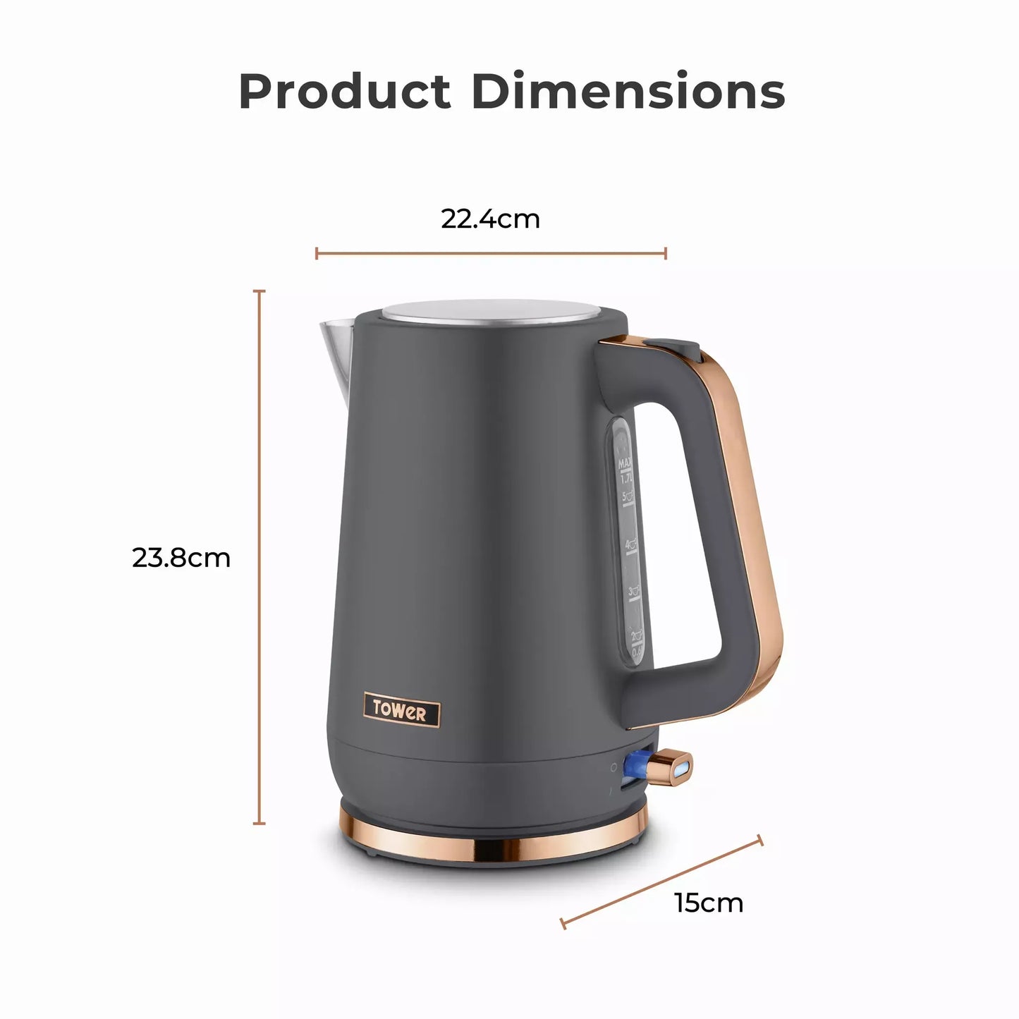 Grey electric jug kettle on base, rose-gold handle and spout front view