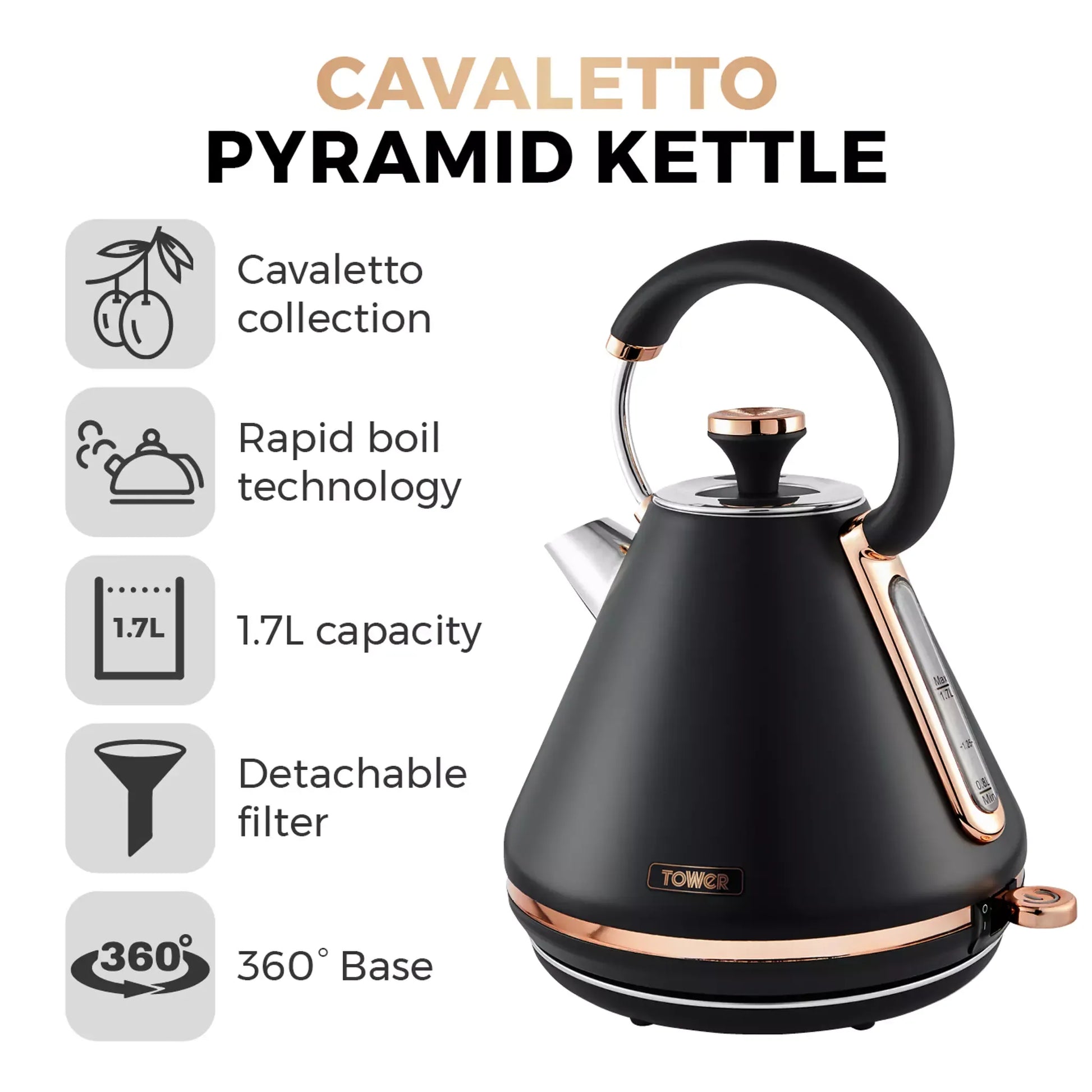 Tower Tower Cavaletto Pyramid Kettle, 4 Slice Toaster & Canisters Kitchen Set (Black)