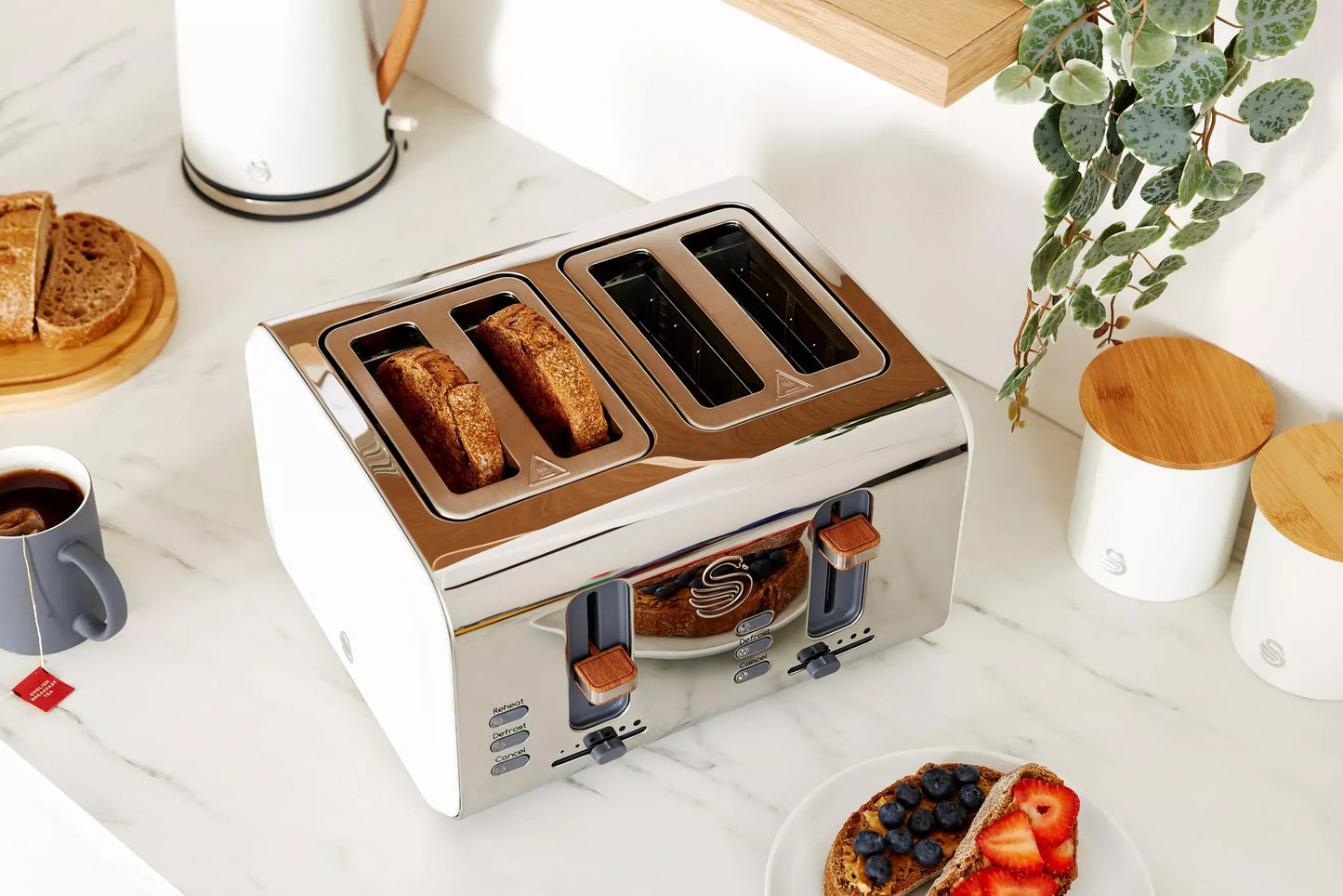 Swan Swan Nordic Kettle, 4 Slice Toaster, Bread Bin & Canisters Kitchen Set (Cotton White)