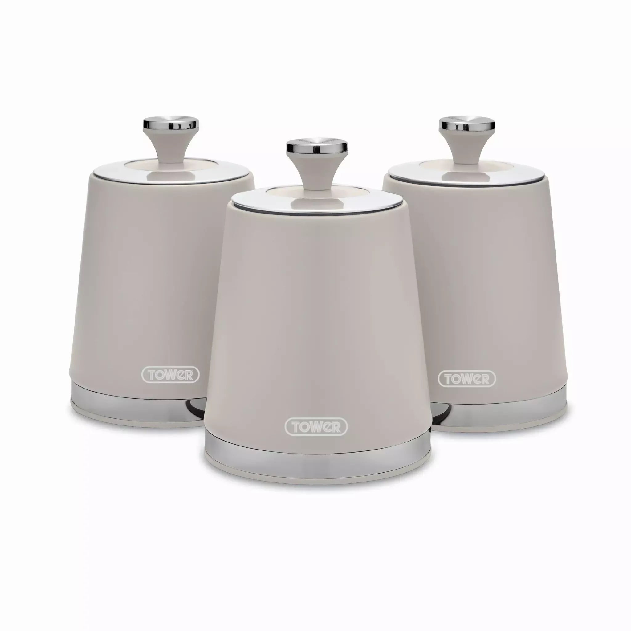 Tower Cavaletto Pyramid Kettle, 4 Slice Toaster, Bread Bin & Canisters Kitchen Set (Latte)