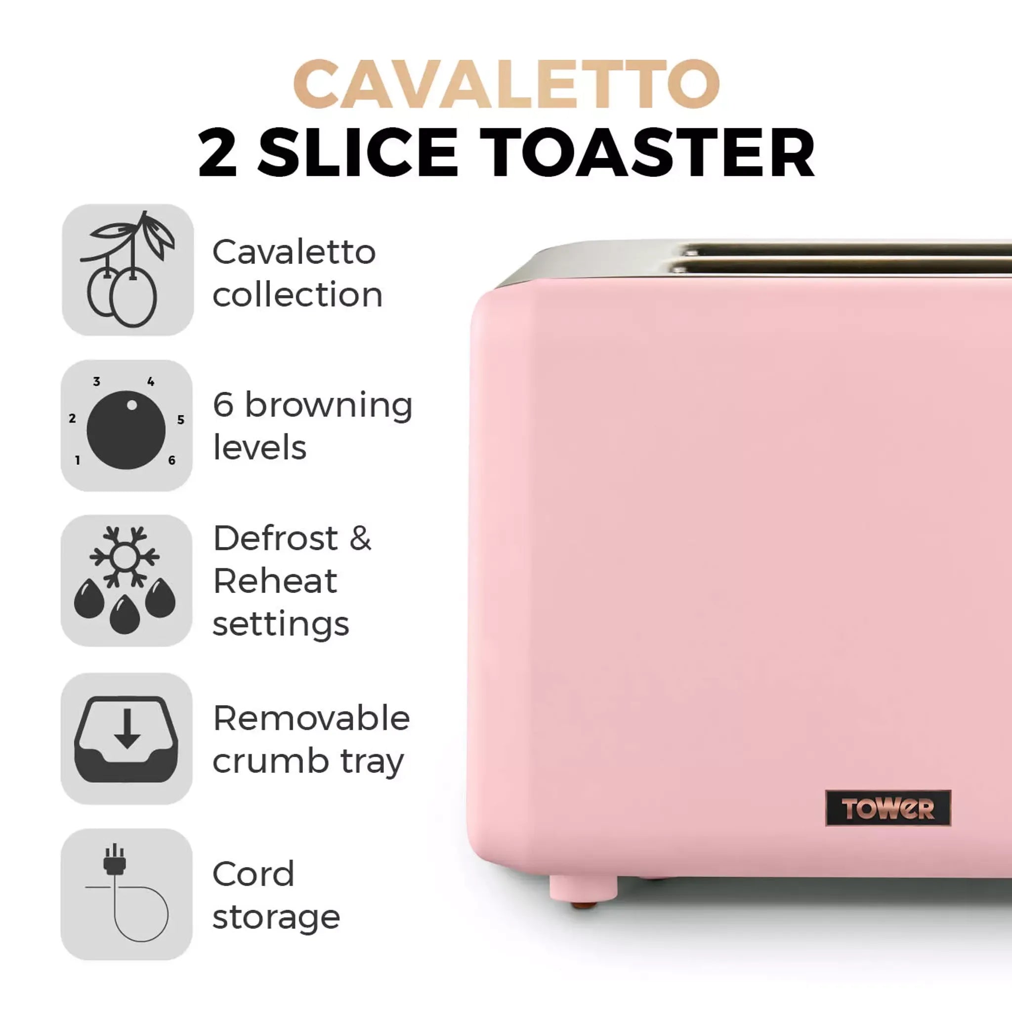 Marshmallow pink 2-slice toaster side view with toast slots and control panel