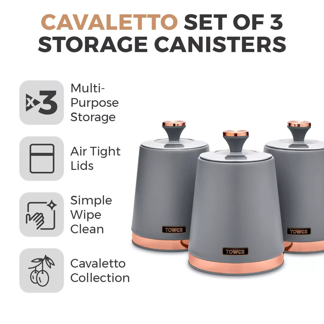Tower Cavaletto Pyramid Kettle, 2 Slice Toaster & Canisters Kitchen Set (Grey)