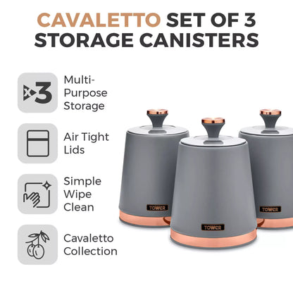 Three grey storage canisters with air-tight lids and rose-gold accents