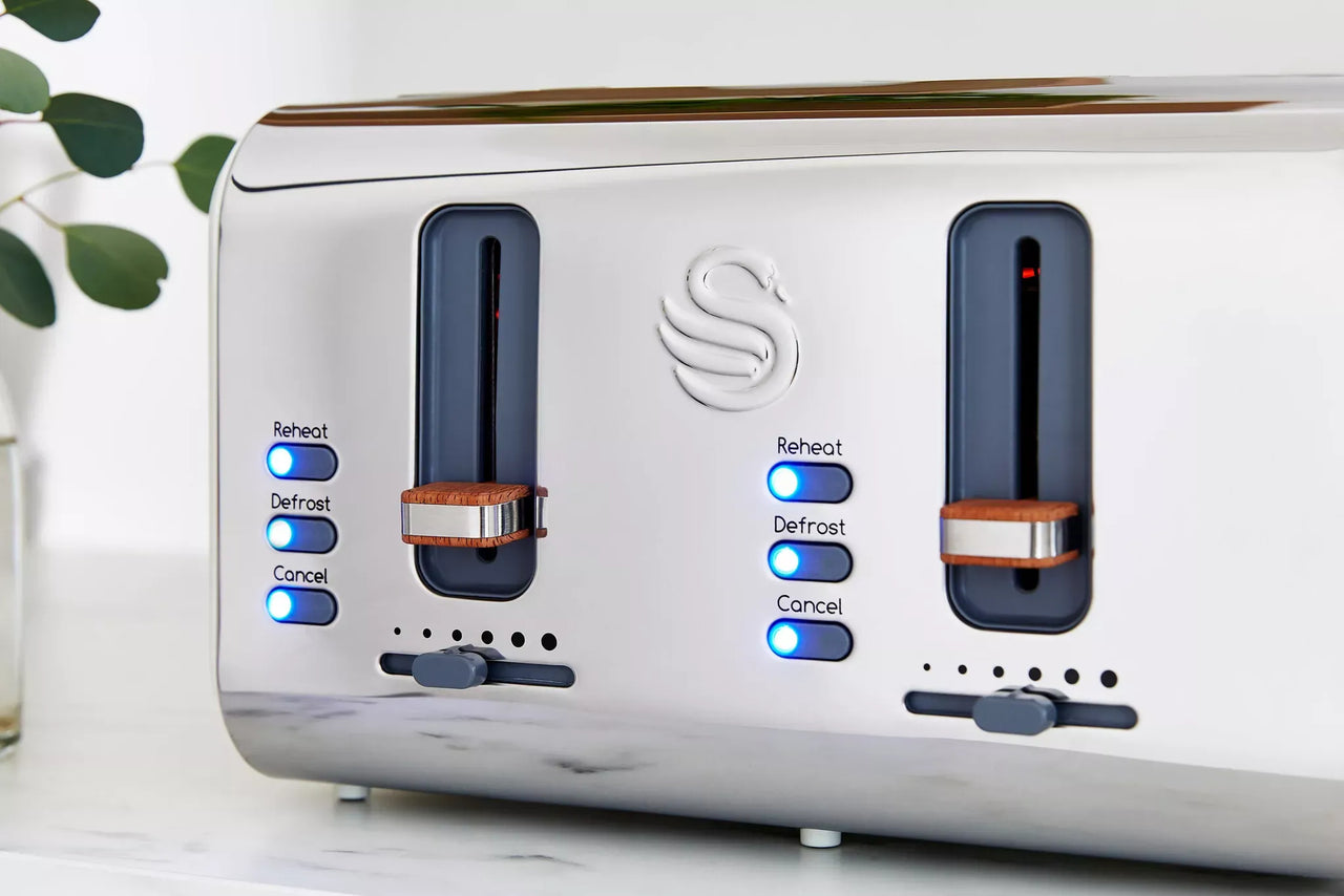 Front panel of white 4-slice toaster with blue buttons and heating slots