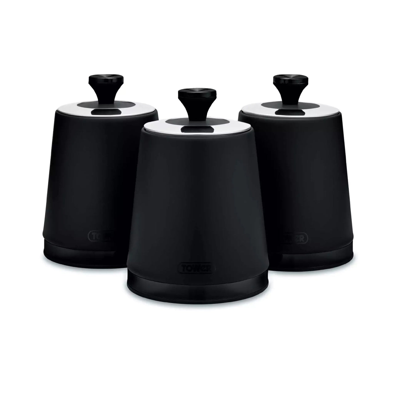 Set of four black kitchen storage canisters with rounded lids