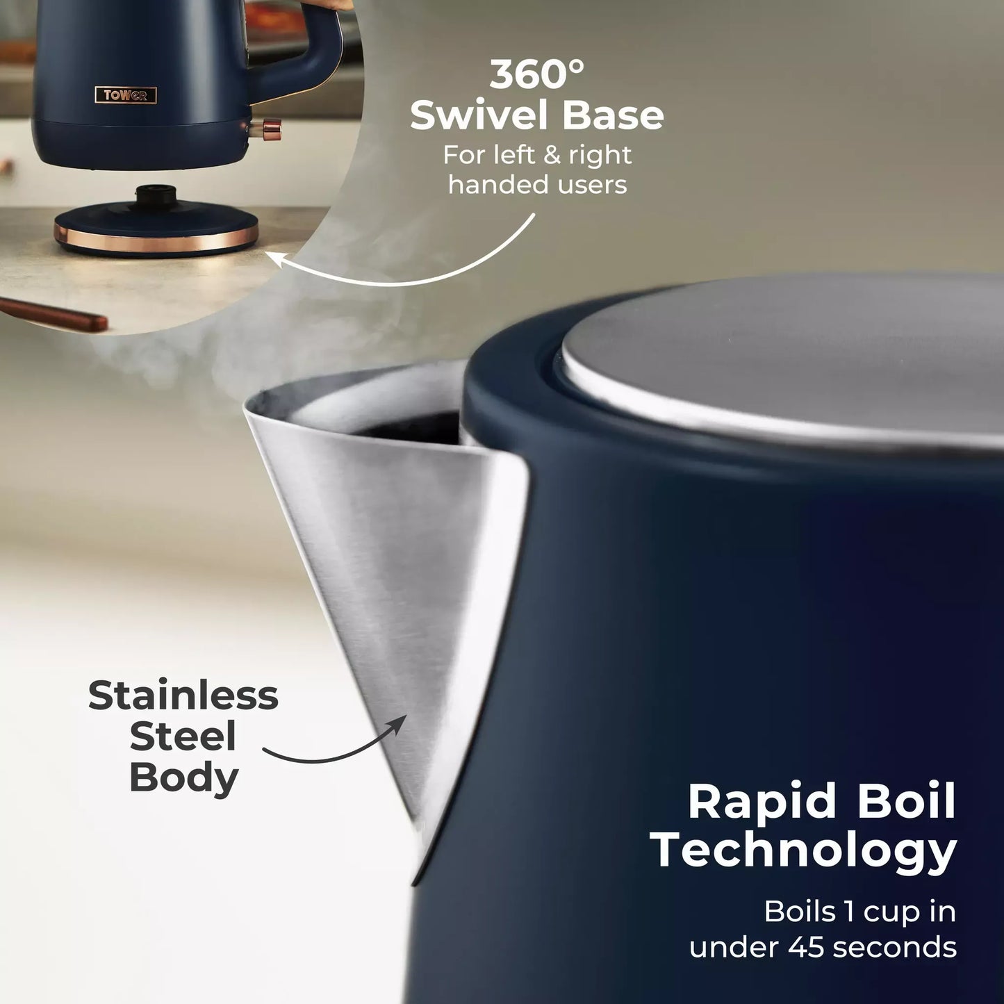 Tower Tower Cavaletto Jug Kettle & 4 Slice Toaster Kitchen Set (Midnight Blue)