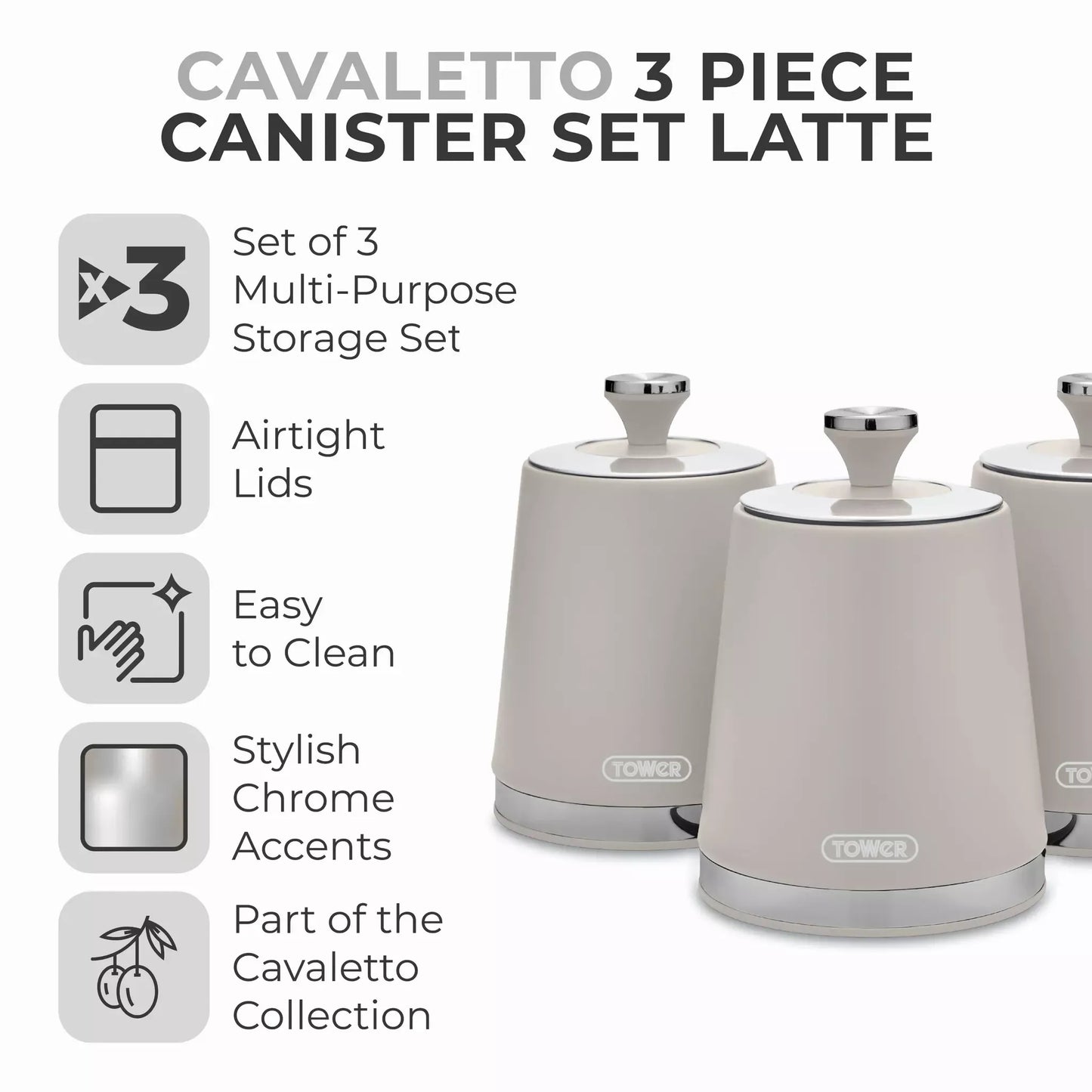 Tower Tower Cavaletto Pyramid Kettle, 4 Slice Toaster, Bread Bin & Canisters Kitchen Set (Latte)