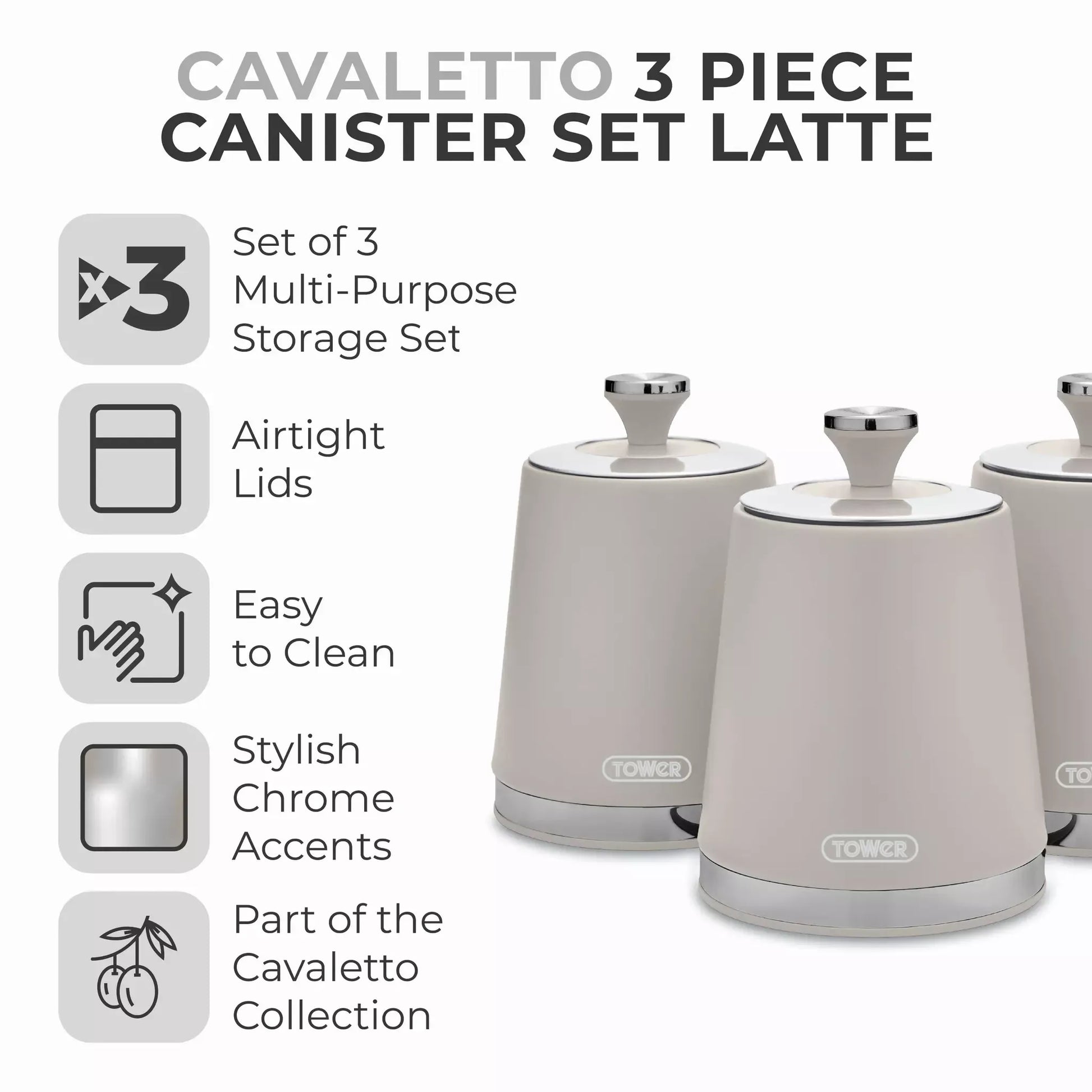 Tower Tower Cavaletto Pyramid Kettle, 4 Slice Toaster, Bread Bin & Canisters Kitchen Set (Latte)