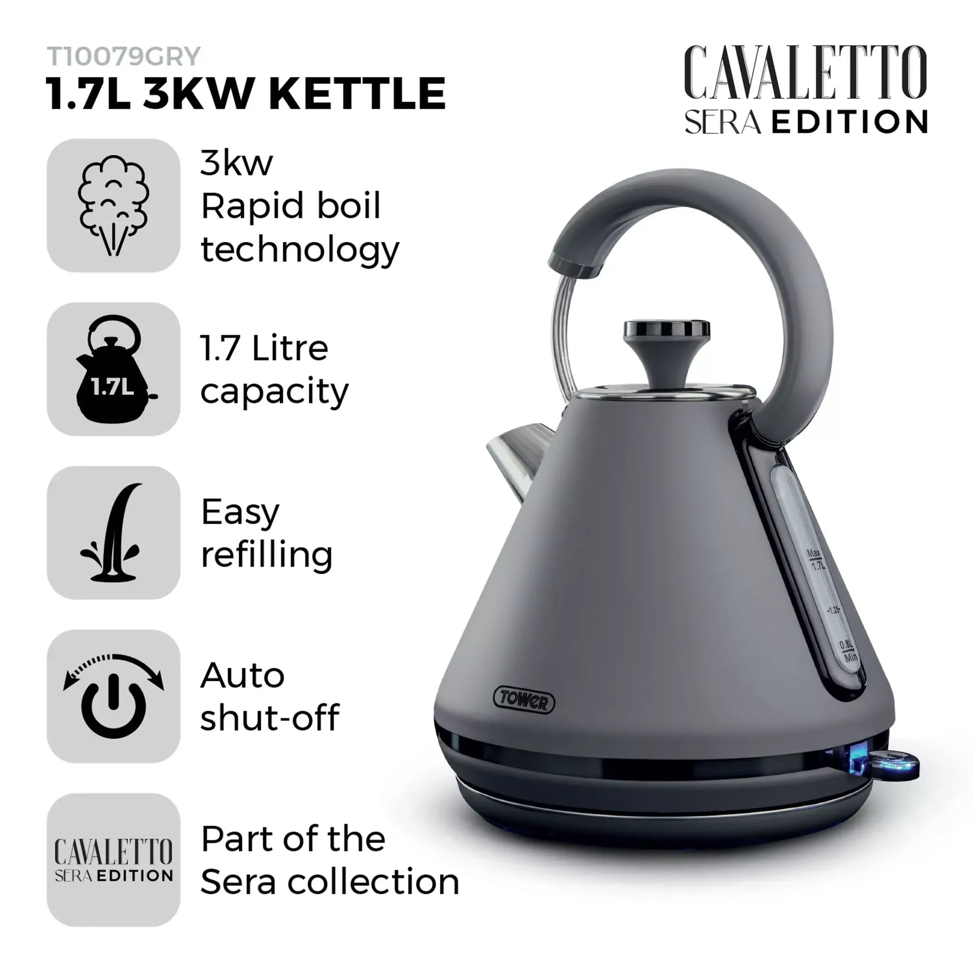 Tower Tower Sera Grey Kettle, 4 Slice Toaster, Bread Bin & Canisters Kitchen Set (Grey)