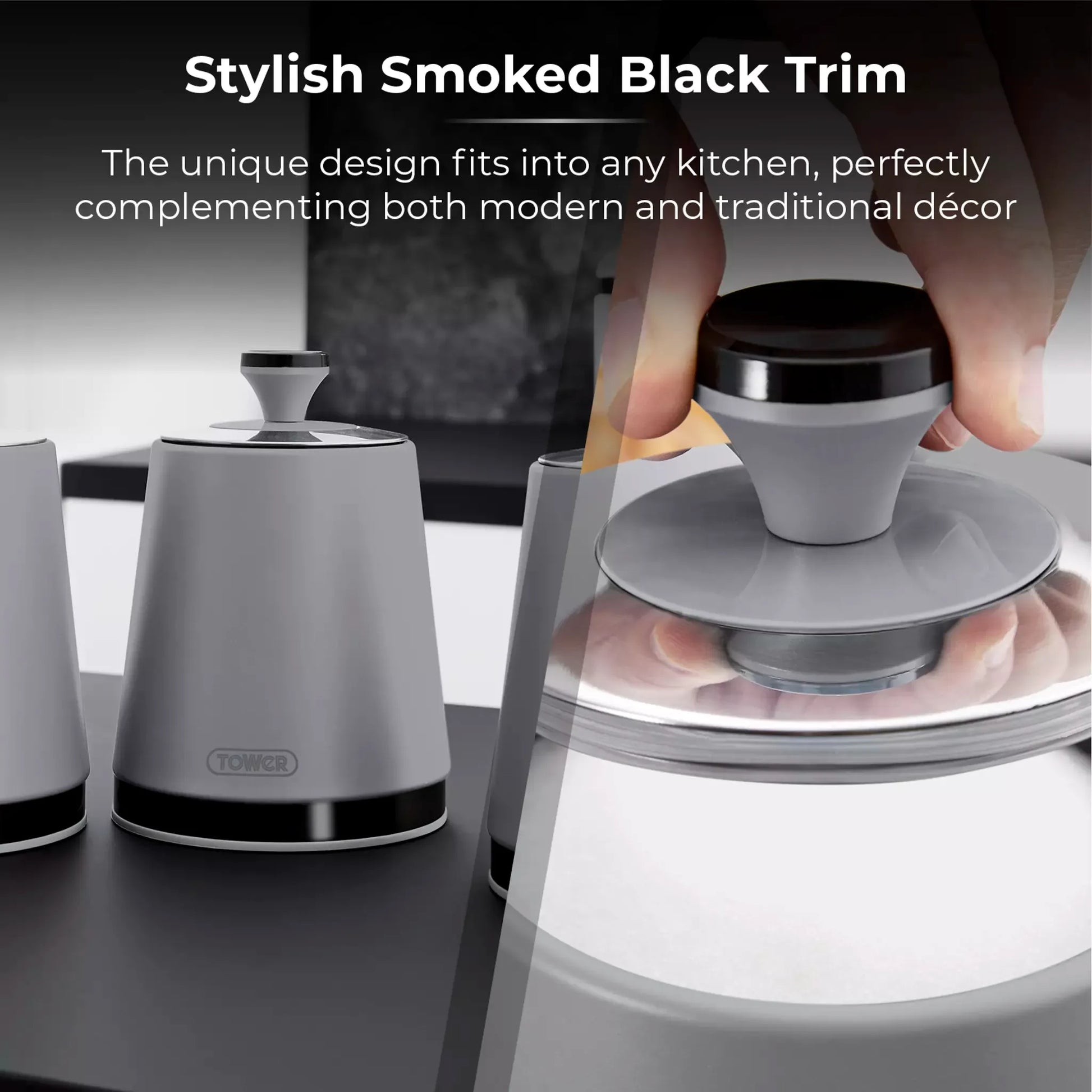 Tower Tower Sera Grey Kettle, 4 Slice Toaster, Bread Bin & Canisters Kitchen Set (Grey)
