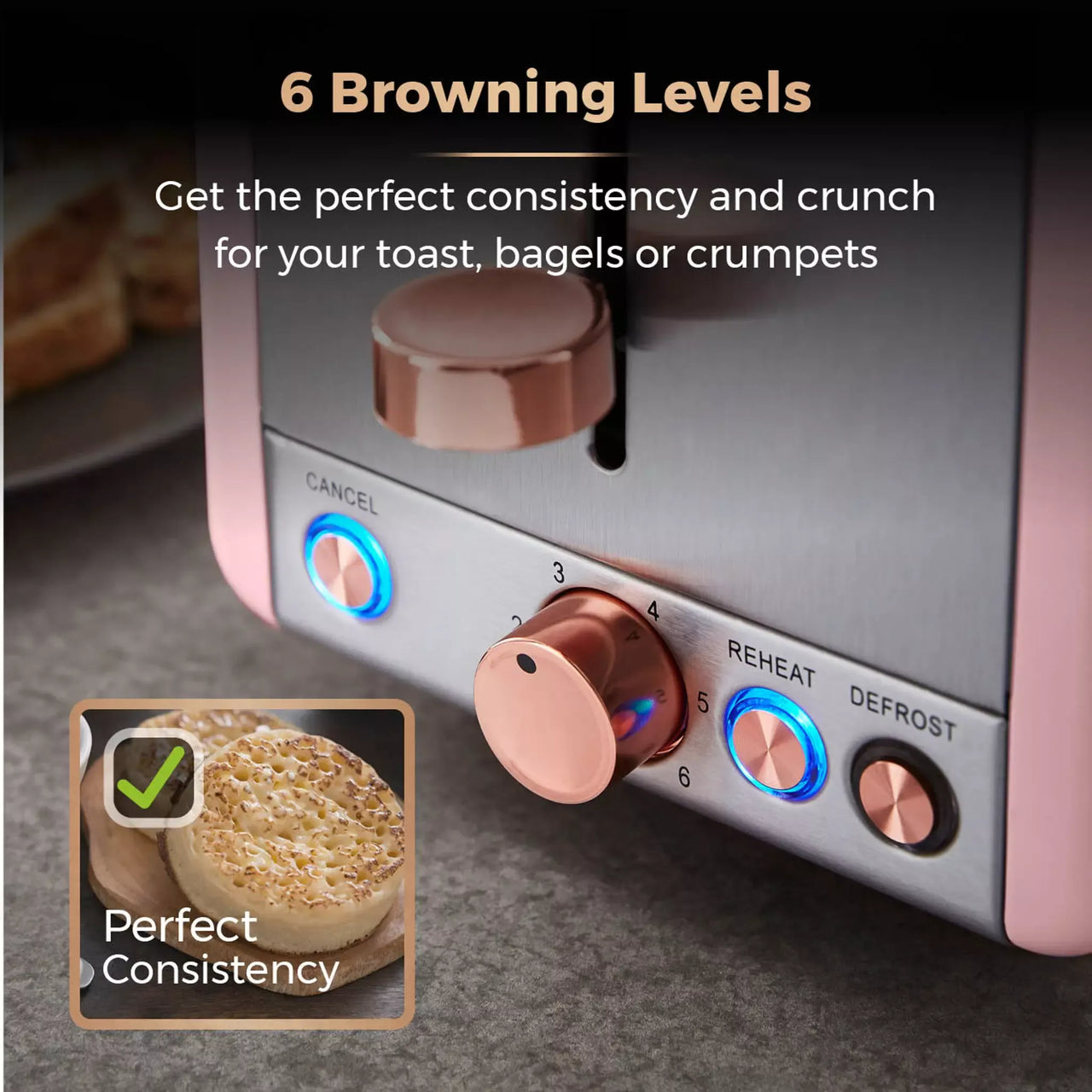 Marshmallow pink toaster front panel with browning knob and mode controls