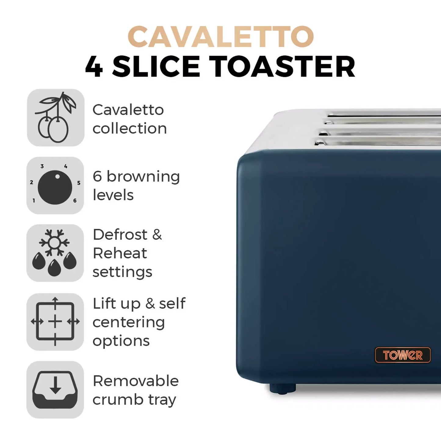 Tower Tower Cavaletto Pyramid Kettle & 4 Slice Toaster Kitchen Set (Midnight Blue)