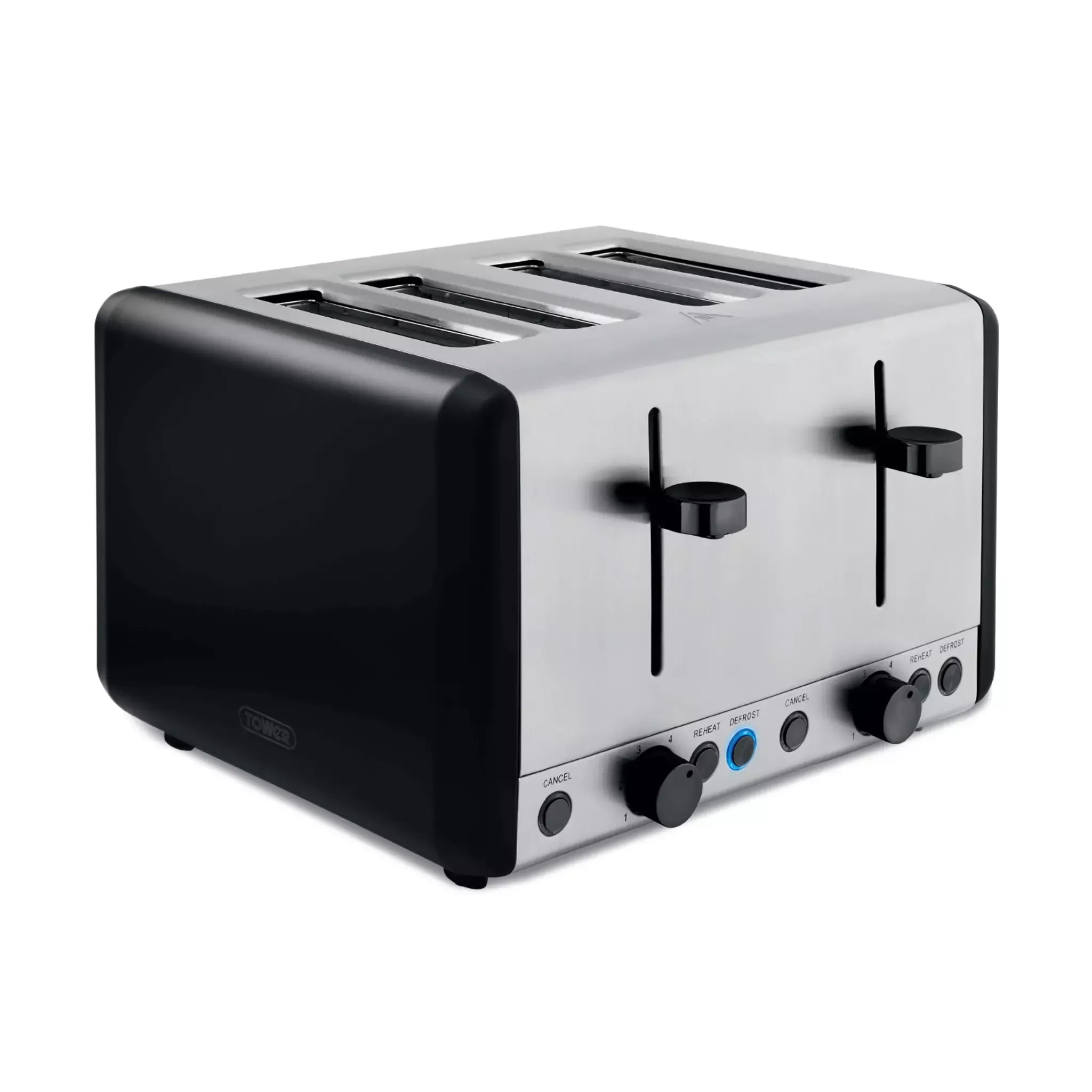 4-slice toaster in black and stainless steel with six browning dials and lever