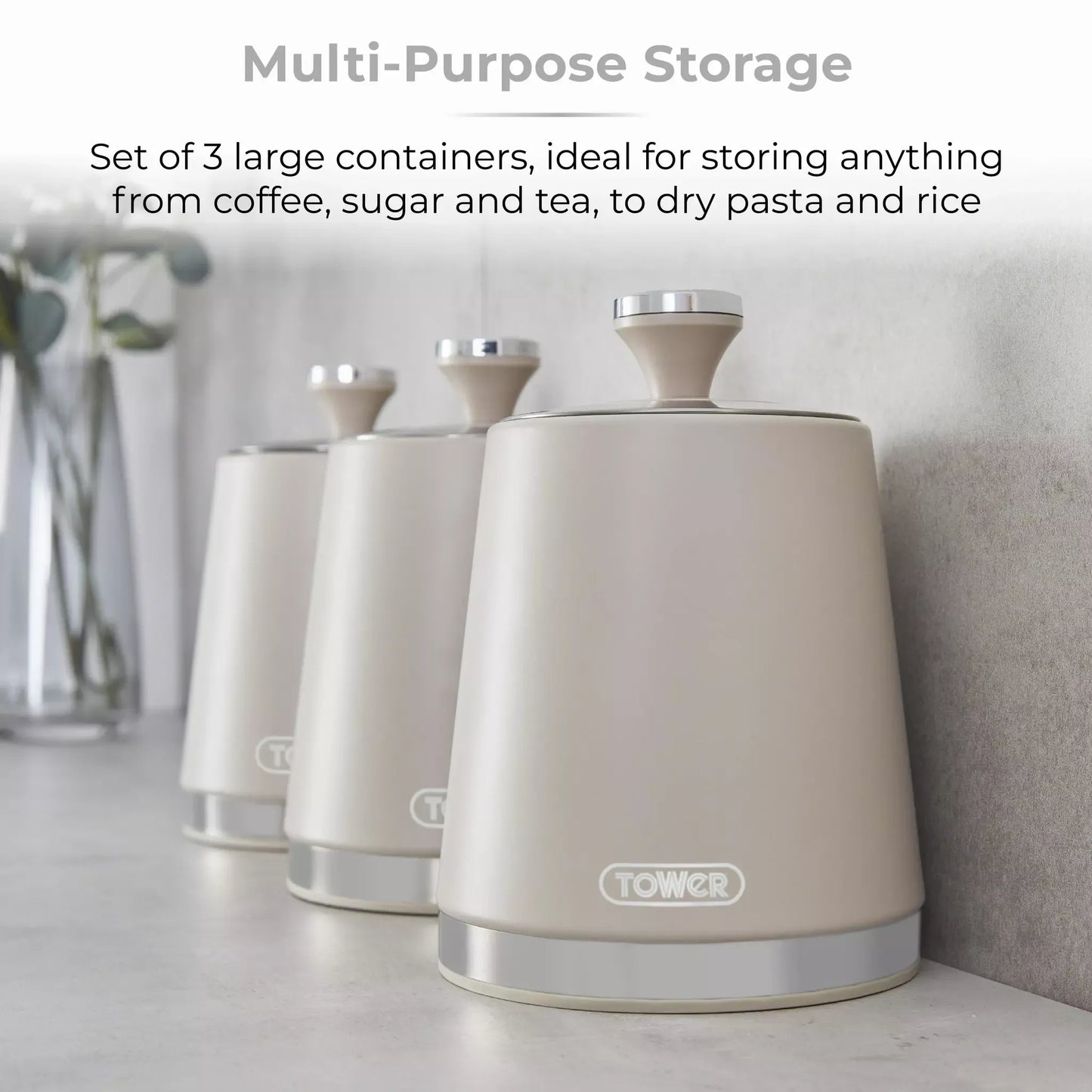 Tower Tower Cavaletto Pyramid Kettle, 4 Slice Toaster, Bread Bin & Canisters Kitchen Set (Latte)