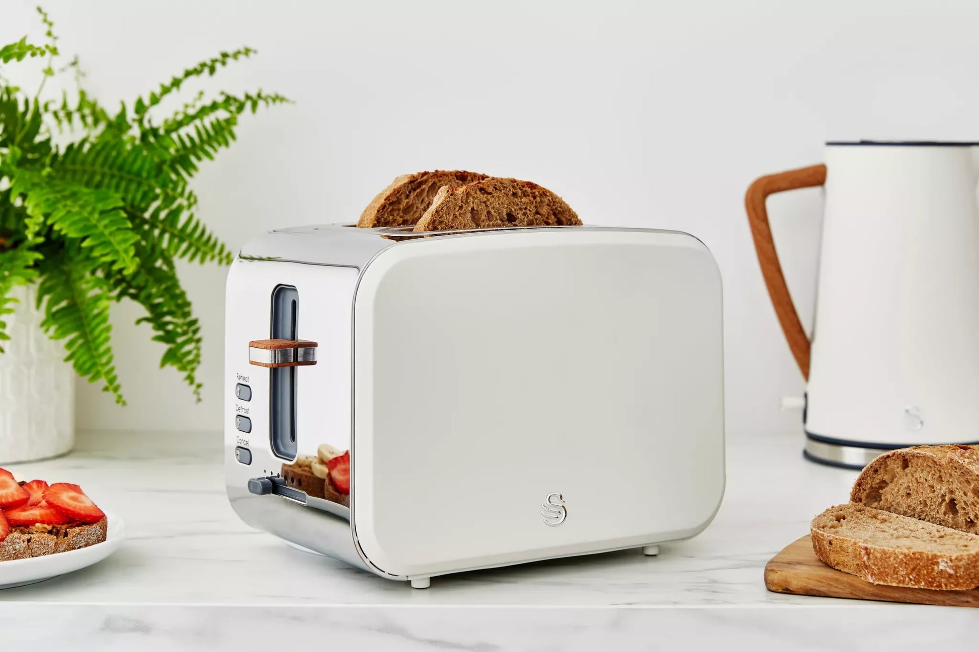 Swan Swan Nordic Kettle, 2 Slice Toaster, Bread Bin & Canisters Kitchen Set (Cotton White)