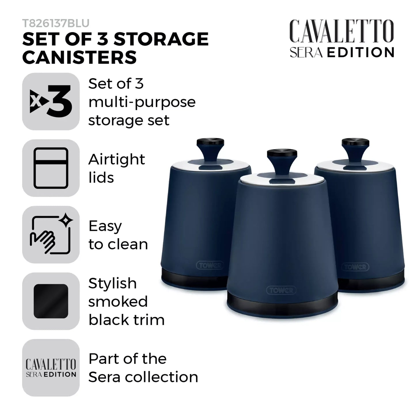 Tower Tower Sera Kettle, 4 Slice Toaster, Bread Bin & Canisters Kitchen Set (Midnight Blue)
