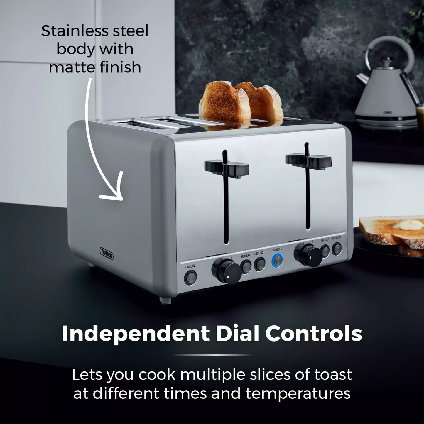 Tower Tower Sera Grey Kettle, 4 Slice Toaster, Bread Bin & Canisters Kitchen Set (Grey)