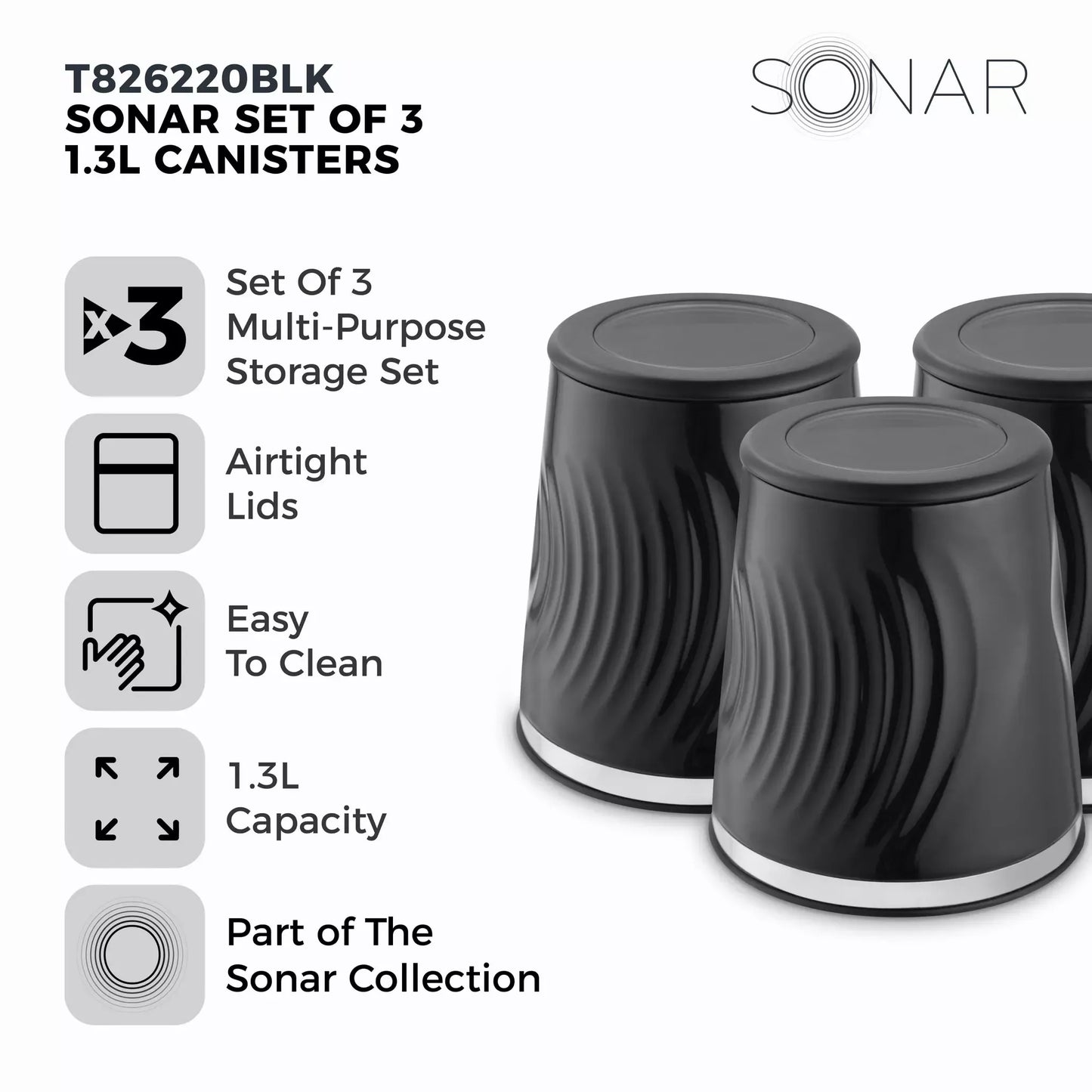 Tower Tower Sonar Bread Bin & Canister Kitchen Storage Set (Black)