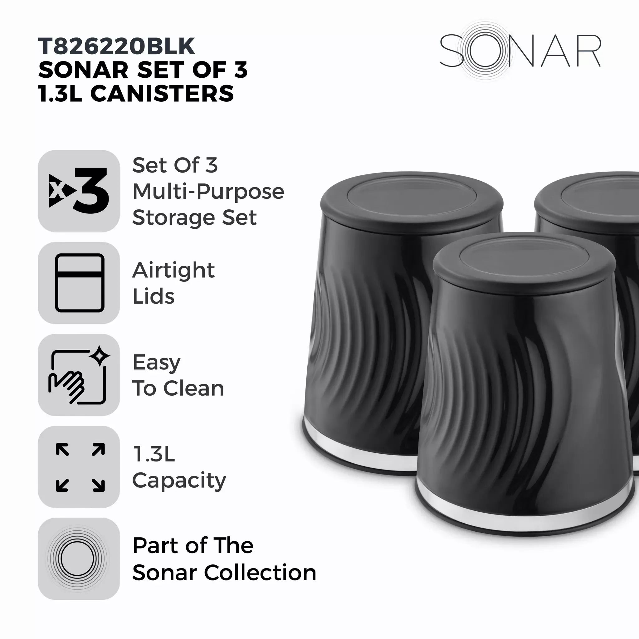 Tower Sonar Bread Bin & Canister Kitchen Storage Set (Black)