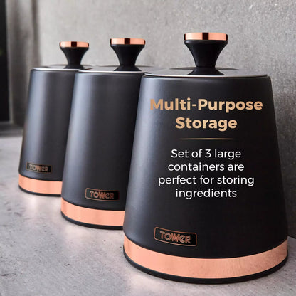 Set of 3 black kitchen storage canisters with copper-trimmed lids
