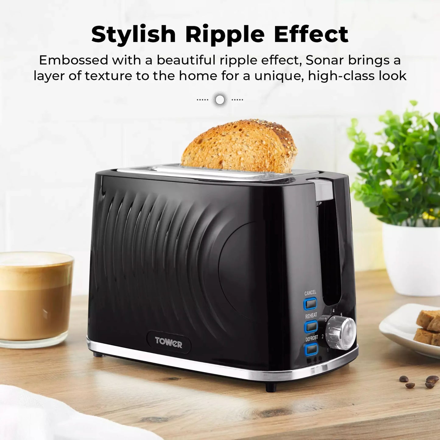 Tower Tower Sonar Kettle, 2 Slice Toaster, Bread Bin & Canisters Kitchen Set (Black)