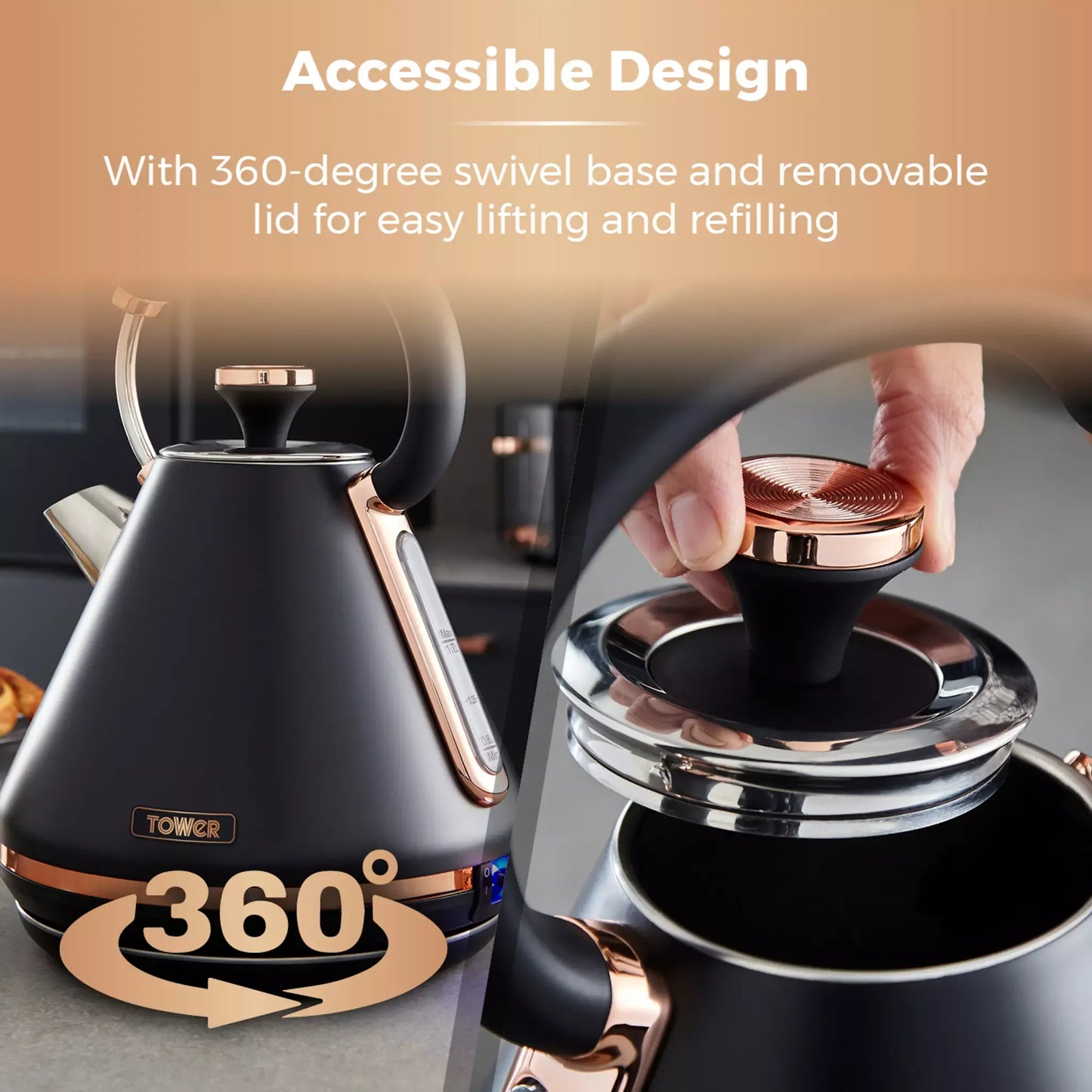 Tower Tower Cavaletto Pyramid Kettle, 4 Slice Toaster & Canisters Kitchen Set (Black)