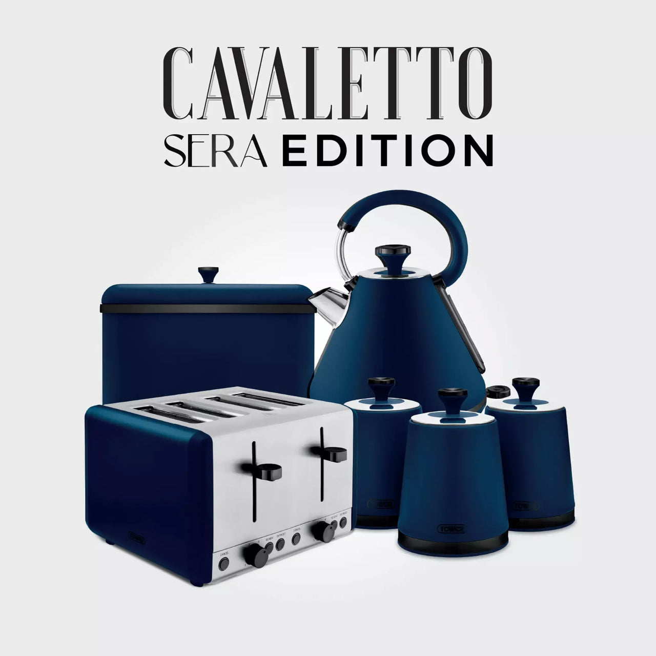 Cavalletto Sera edition set with blue storage bin and matching canisters, decorative countertop set