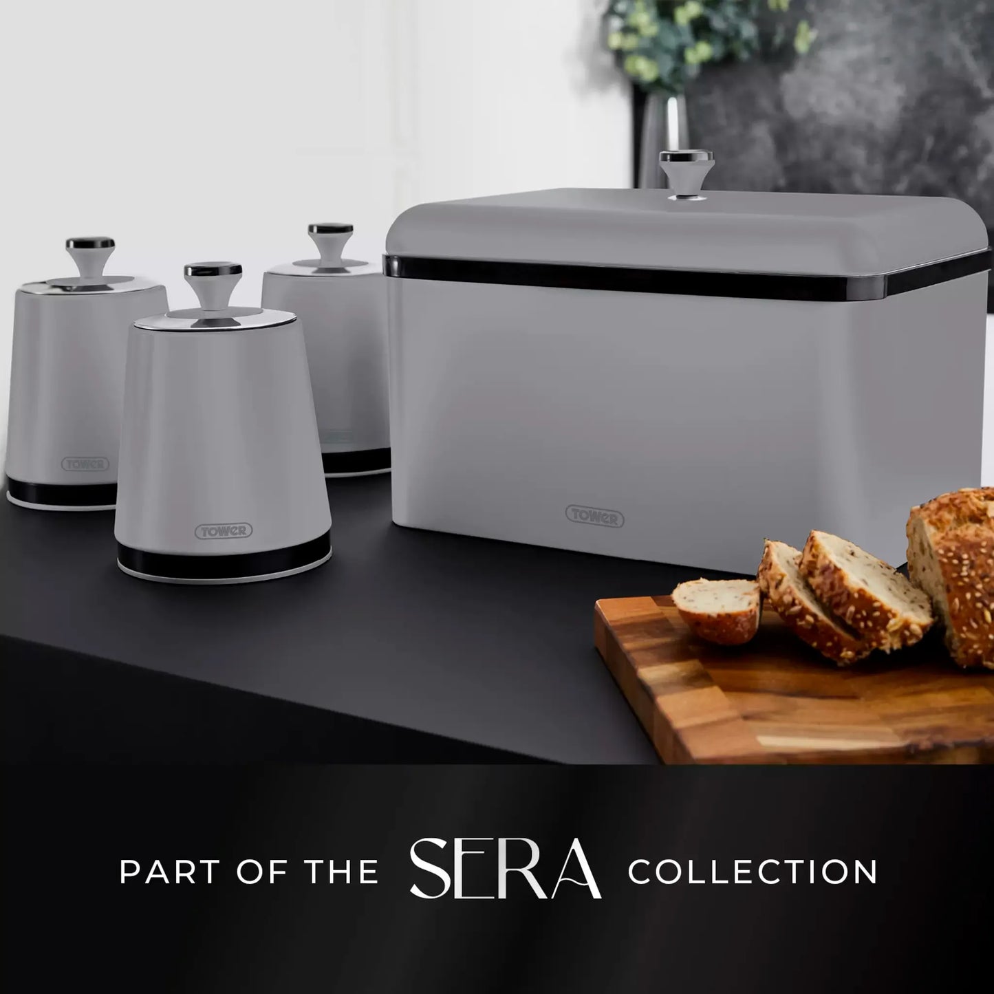 Tower Tower Sera Grey Kettle, 4 Slice Toaster, Bread Bin & Canisters Kitchen Set (Grey)