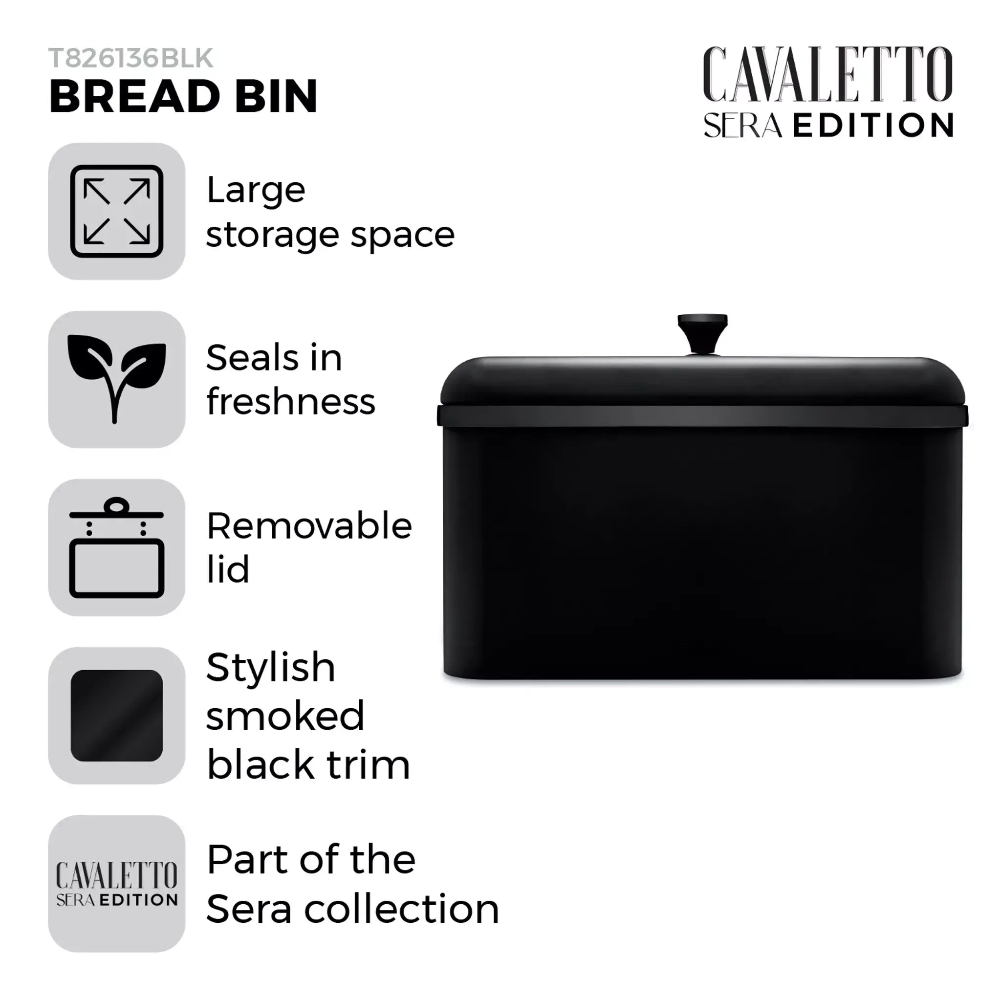 Black bread bin with removable lid and smoked black trim