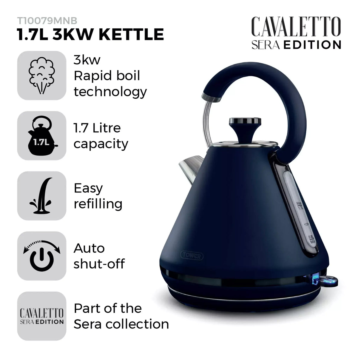 Tower Tower Sera Pyramid Kettle & 4 Slice Toaster Kitchen Set (Midnight Blue)