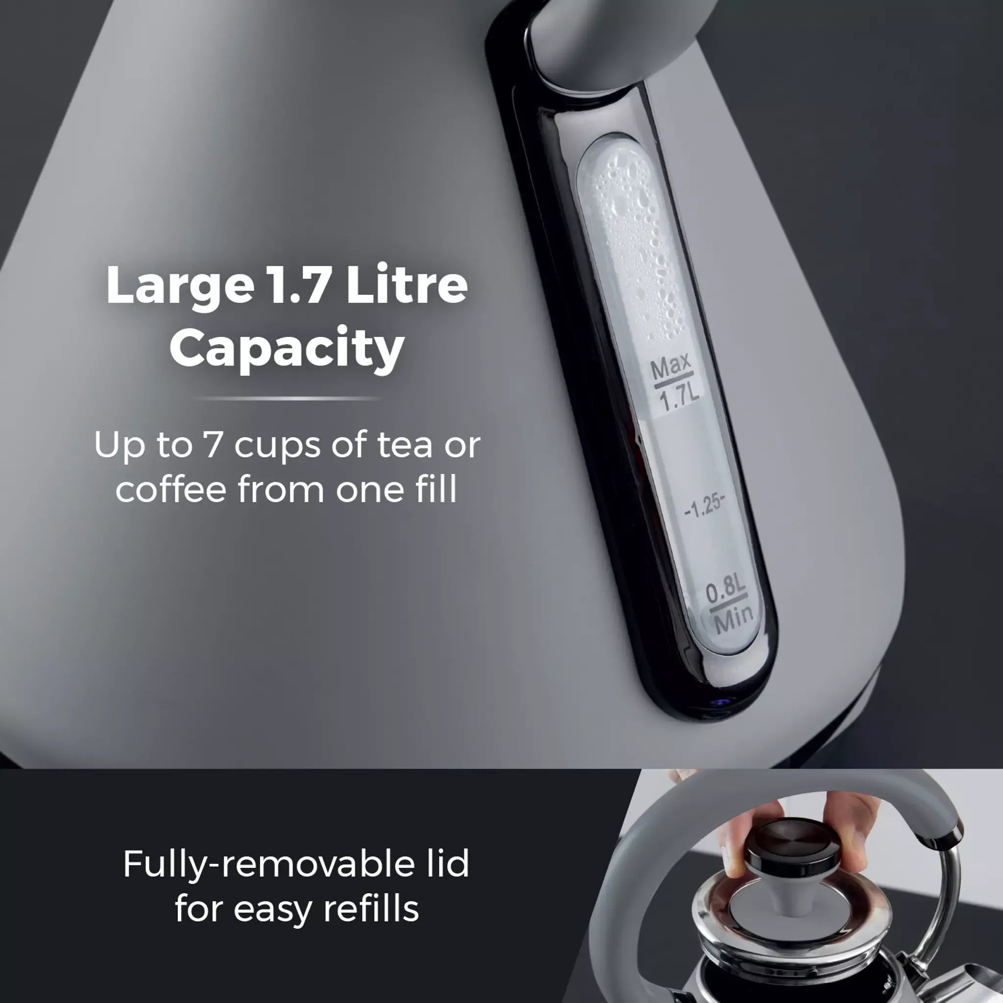 Grey electric kettle showing water level gauge and removable lid